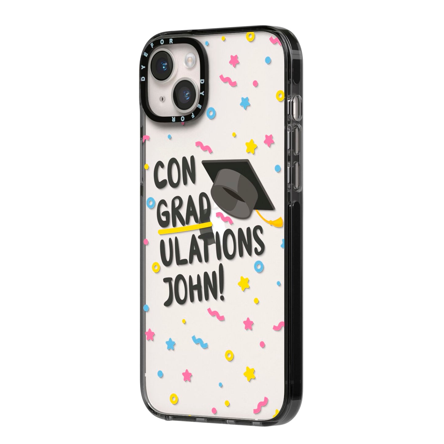 Custom Graduation iPhone 14 Plus Black Impact Case Side Angle on Silver phone
