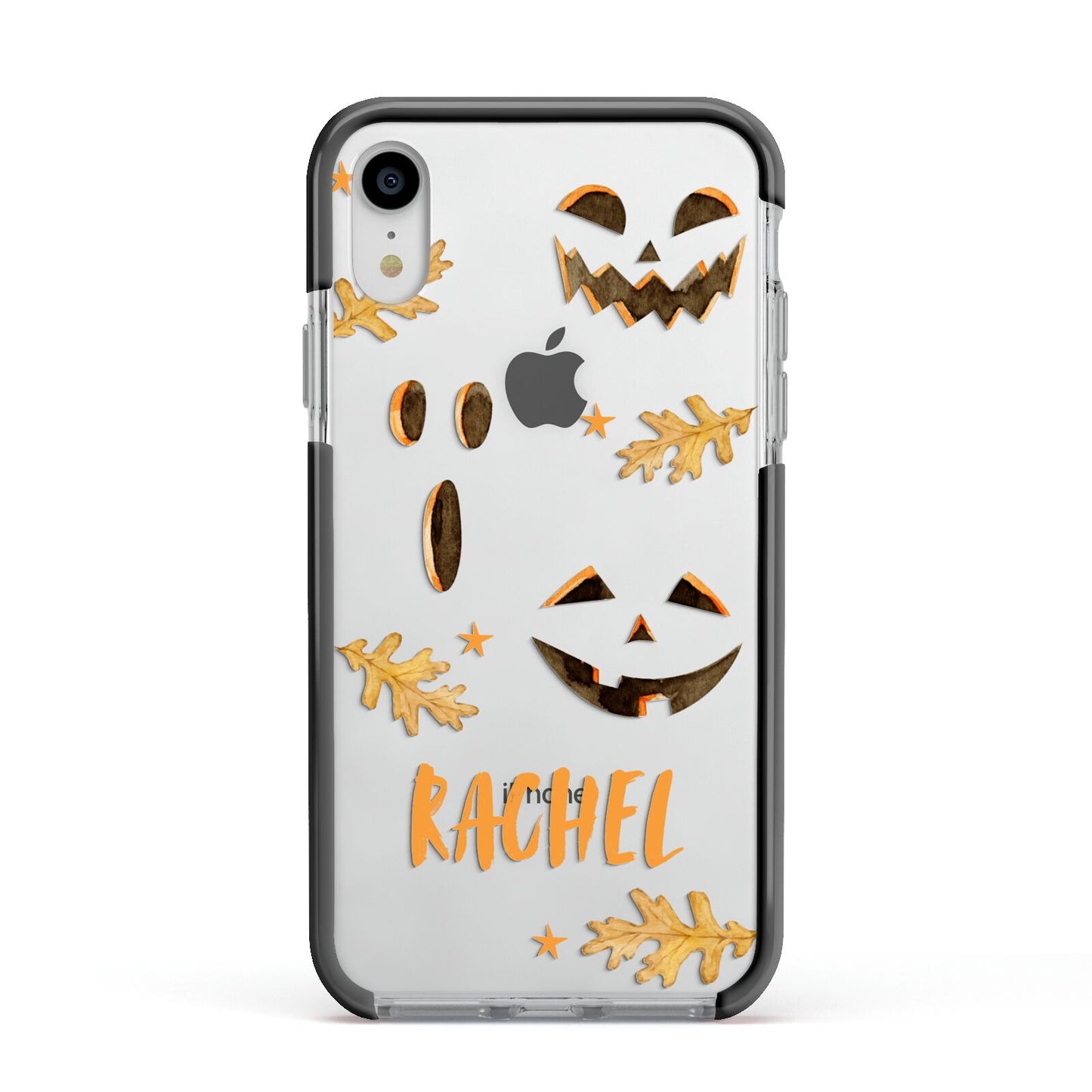 Custom Halloween Pumpkin Face Apple iPhone XR Impact Case Black Edge on Silver Phone