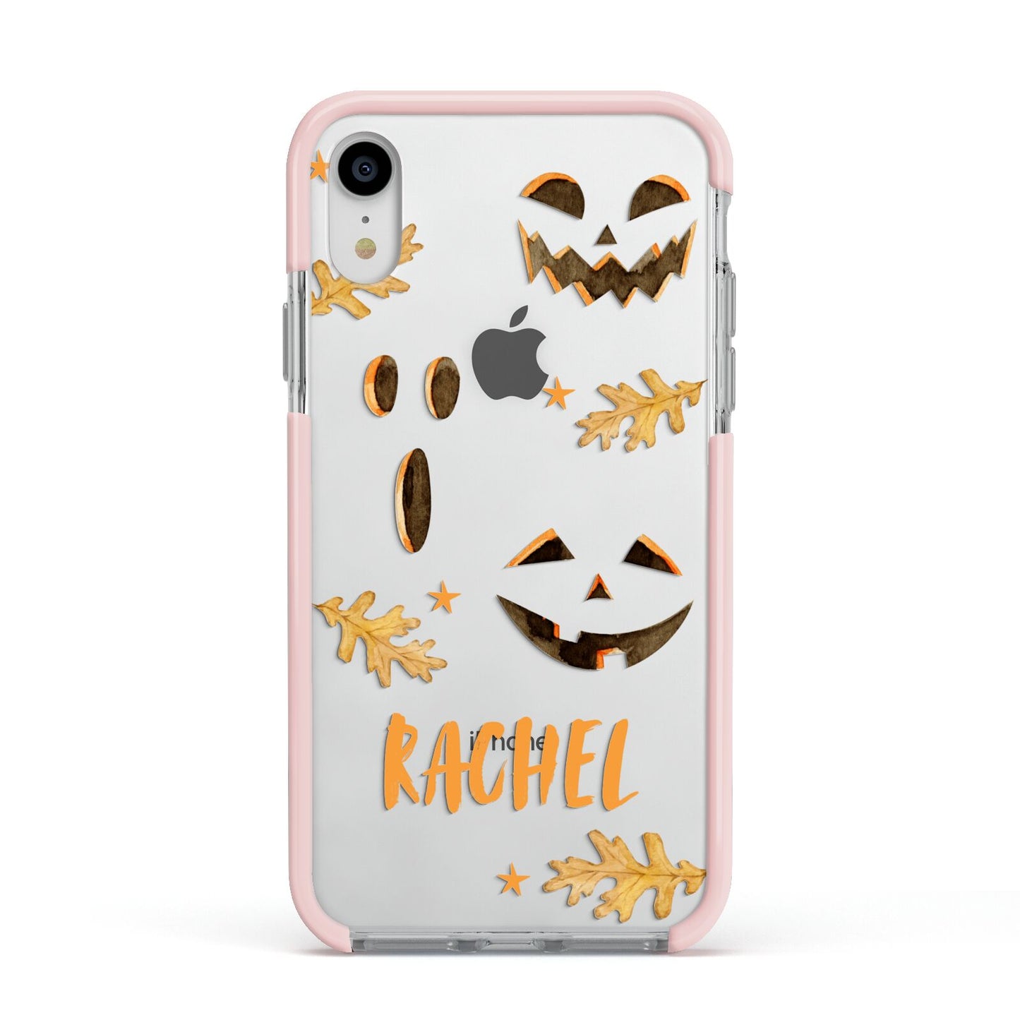Custom Halloween Pumpkin Face Apple iPhone XR Impact Case Pink Edge on Silver Phone