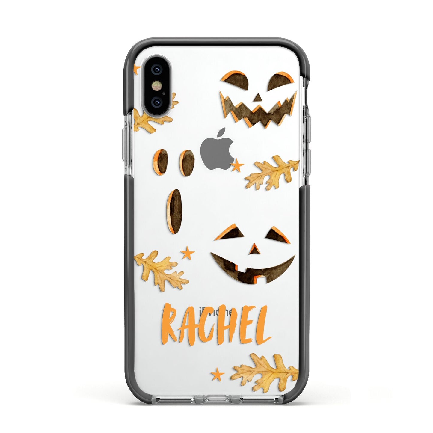 Custom Halloween Pumpkin Face Apple iPhone Xs Impact Case Black Edge on Silver Phone