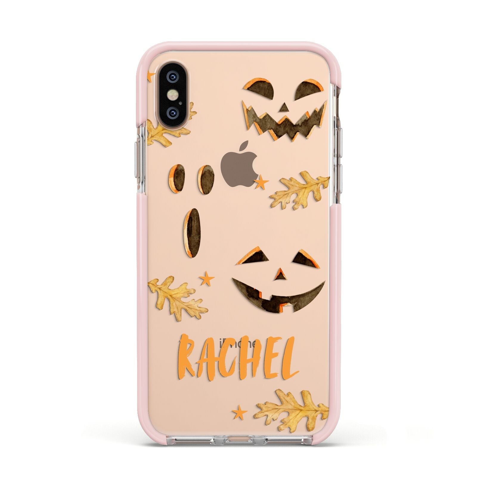 Custom Halloween Pumpkin Face Apple iPhone Xs Impact Case Pink Edge on Gold Phone