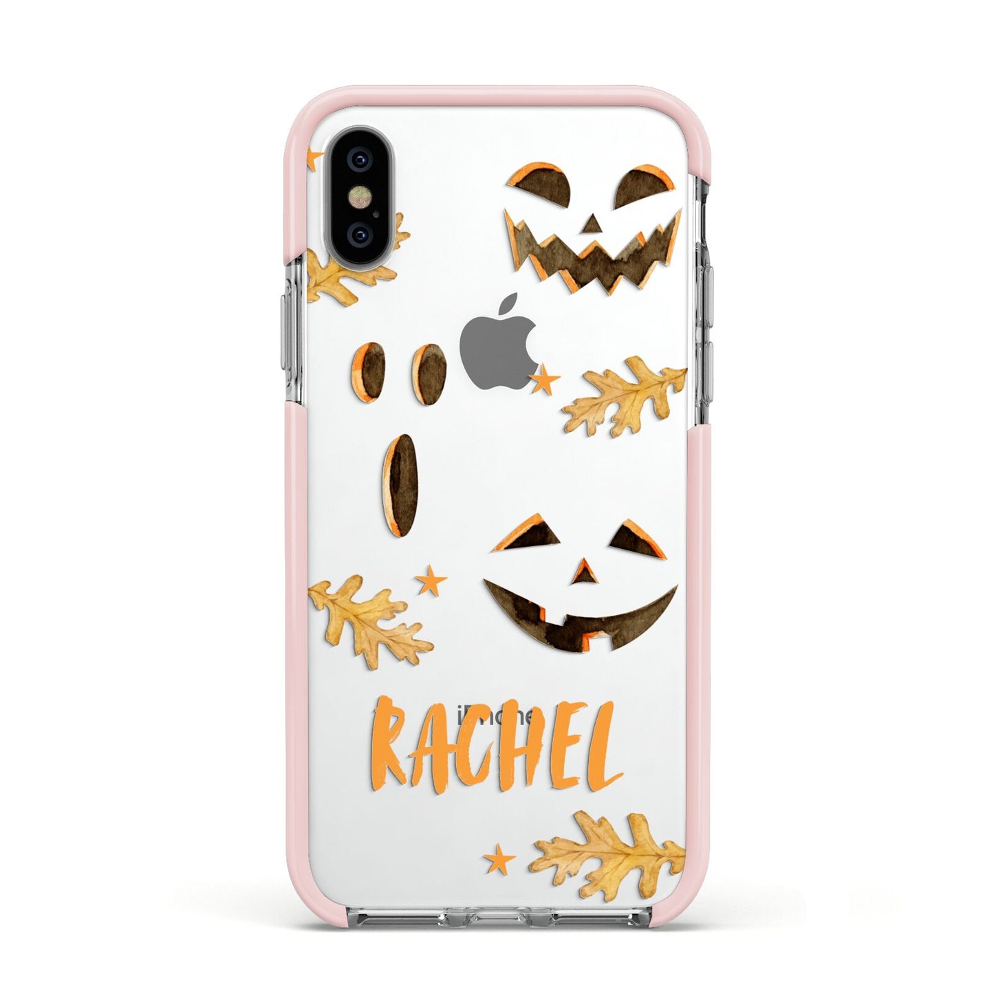 Custom Halloween Pumpkin Face Apple iPhone Xs Impact Case Pink Edge on Silver Phone