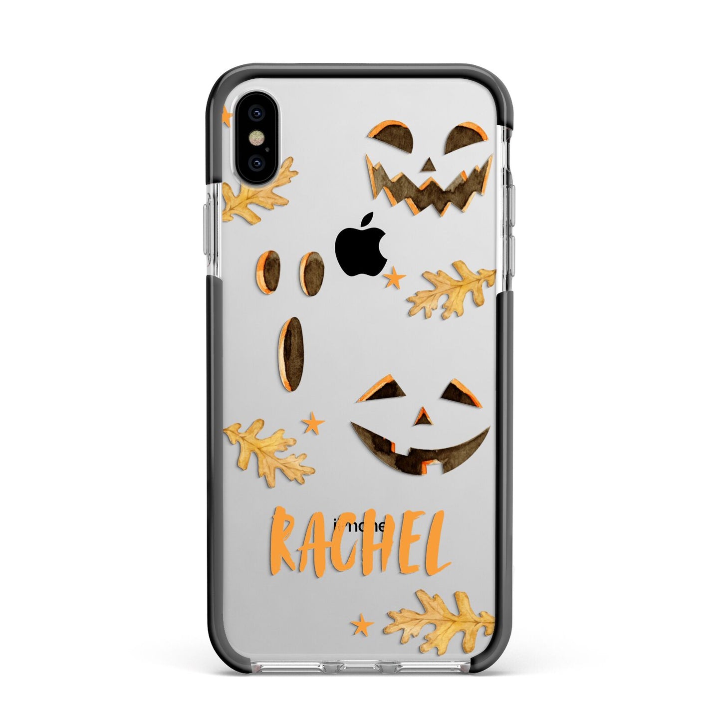 Custom Halloween Pumpkin Face Apple iPhone Xs Max Impact Case Black Edge on Silver Phone