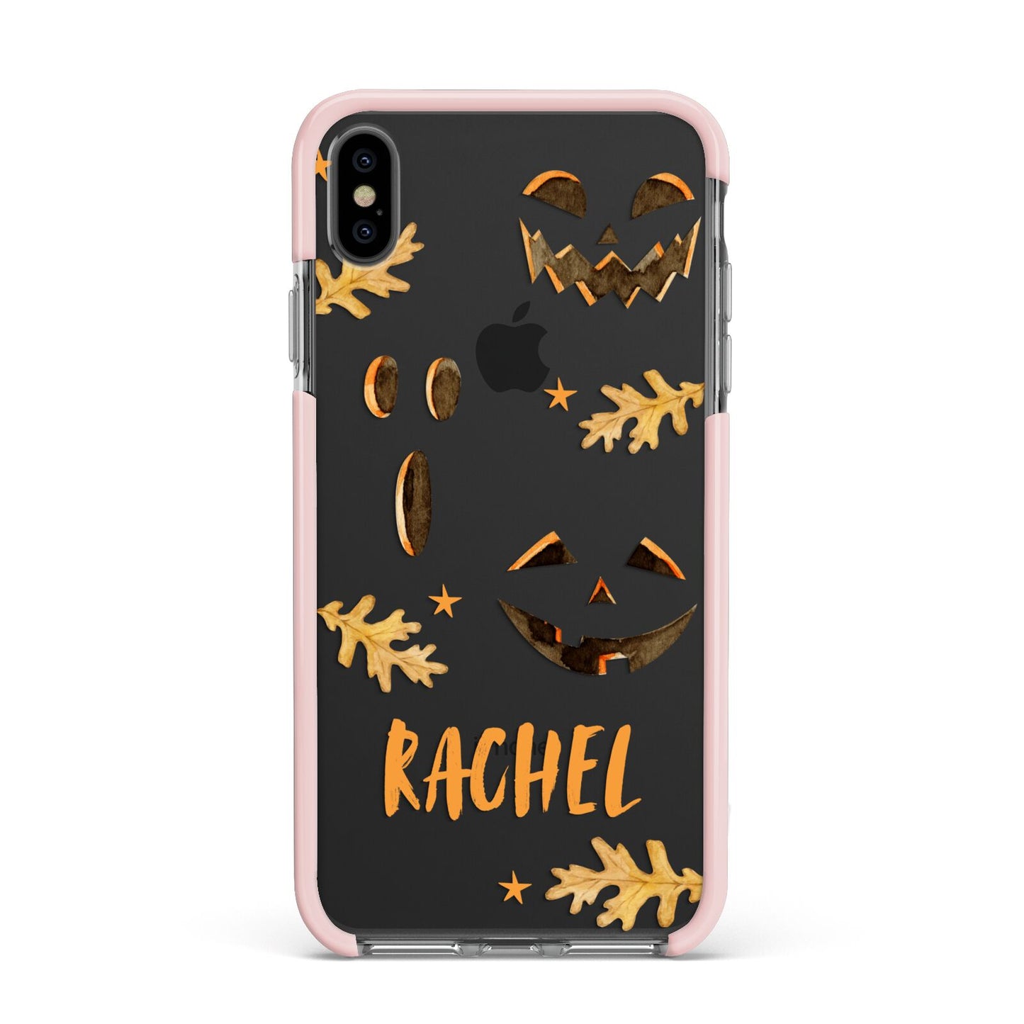 Custom Halloween Pumpkin Face Apple iPhone Xs Max Impact Case Pink Edge on Black Phone