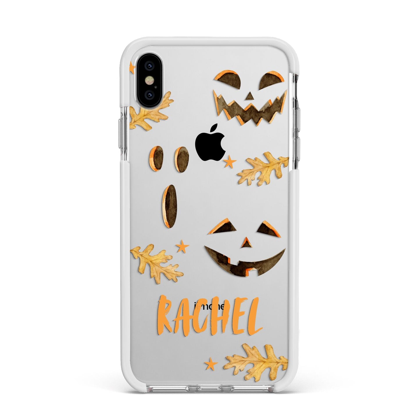 Custom Halloween Pumpkin Face Apple iPhone Xs Max Impact Case White Edge on Silver Phone