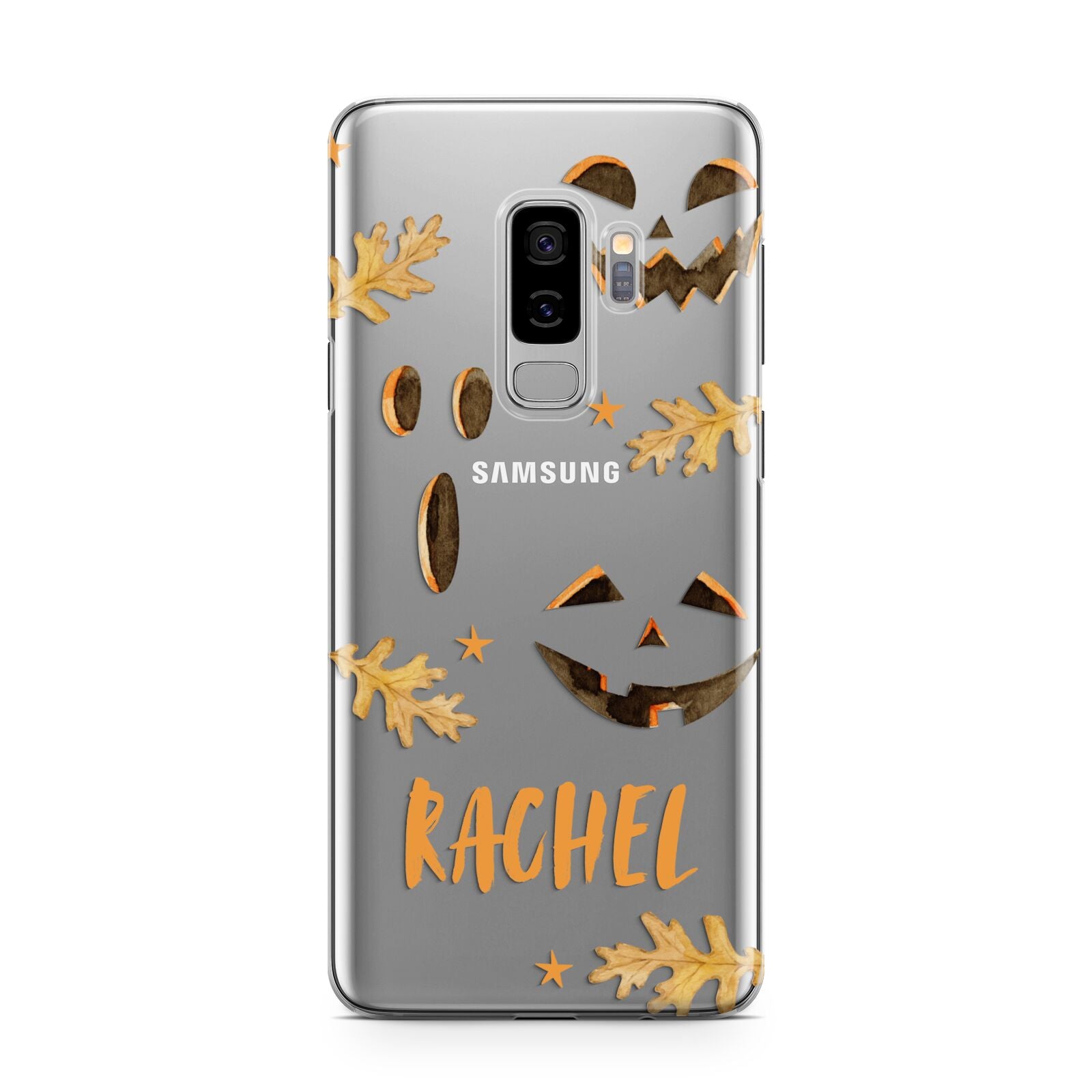 Custom Halloween Pumpkin Face Samsung Galaxy S9 Plus Case on Silver phone