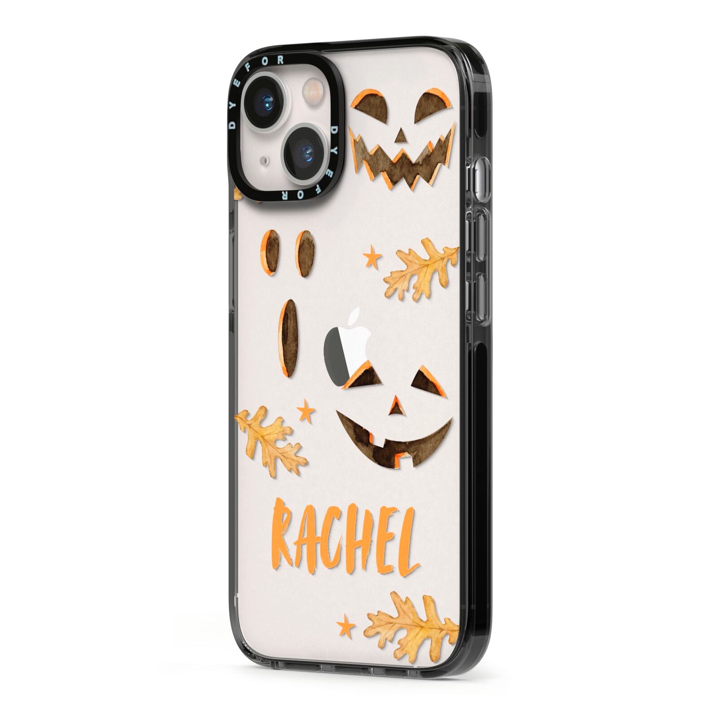 Custom Halloween Pumpkin Face iPhone 13 Black Impact Case Side Angle on Silver phone