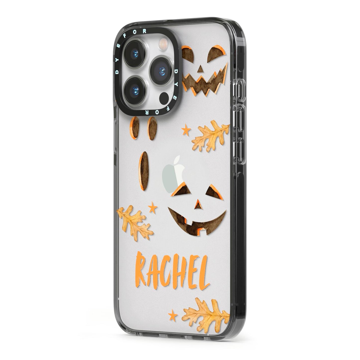 Custom Halloween Pumpkin Face iPhone 13 Pro Black Impact Case Side Angle on Silver phone