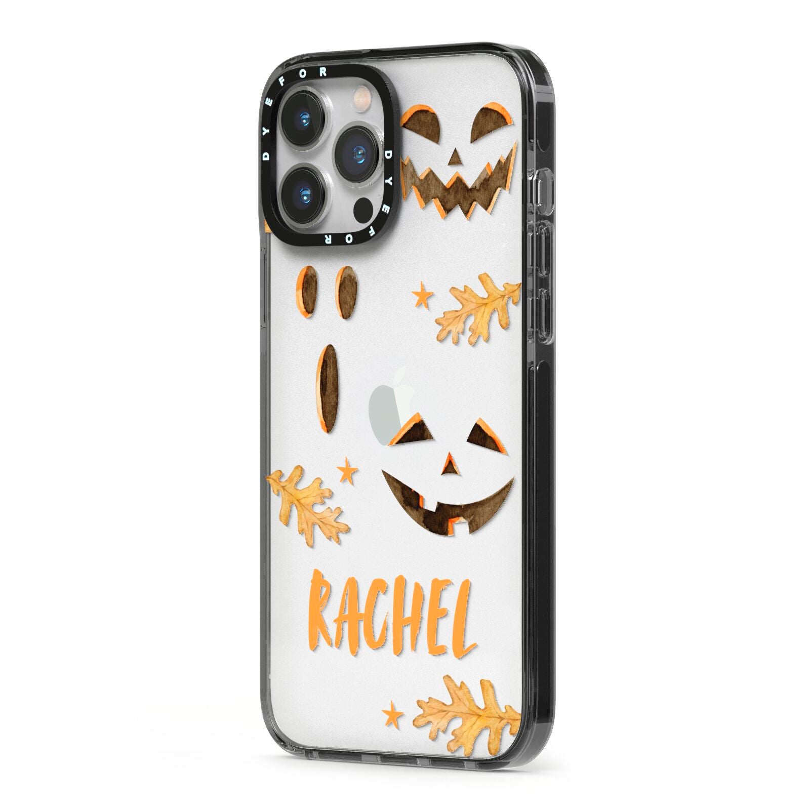 Custom Halloween Pumpkin Face iPhone 13 Pro Max Black Impact Case Side Angle on Silver phone