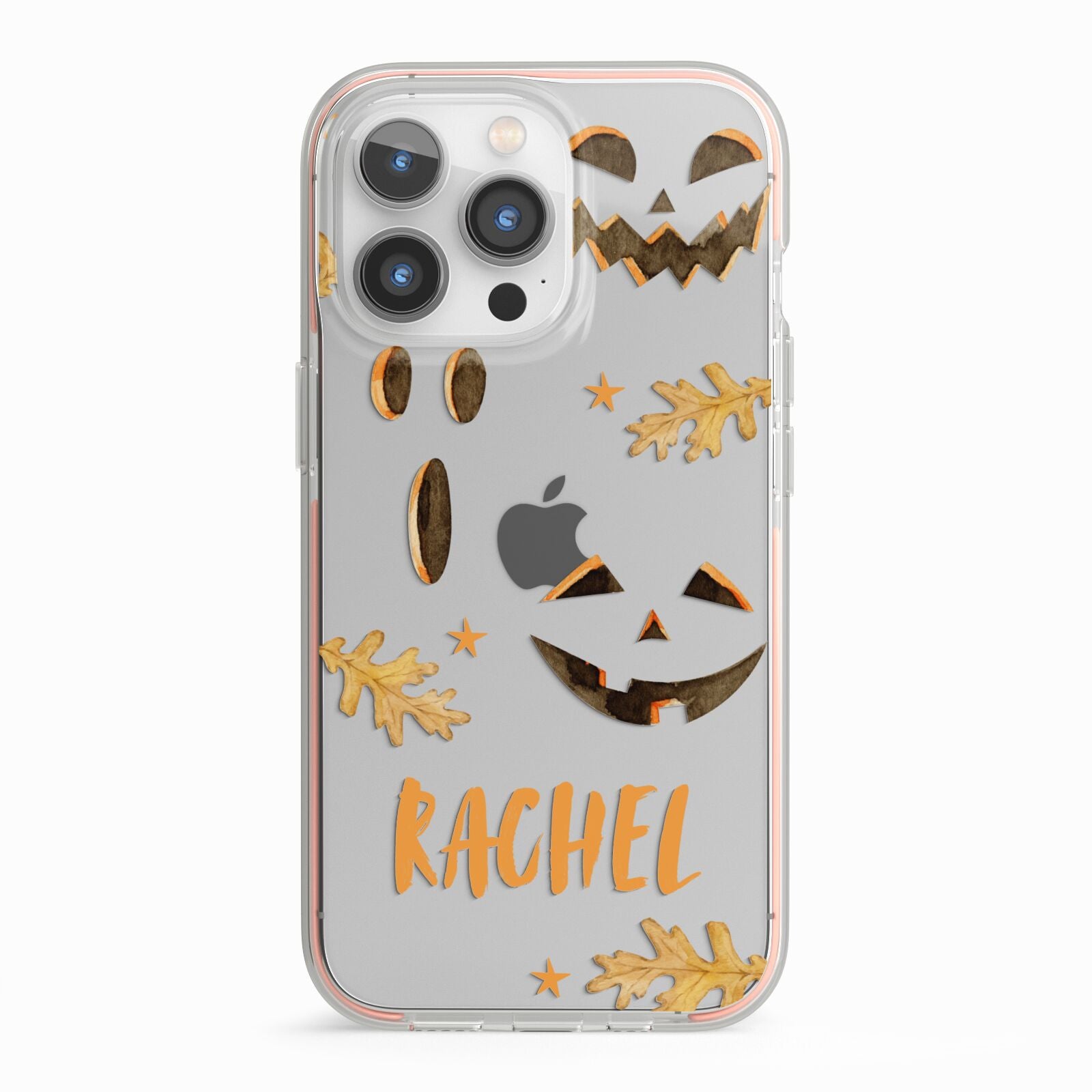 Custom Halloween Pumpkin Face iPhone 13 Pro TPU Impact Case with Pink Edges