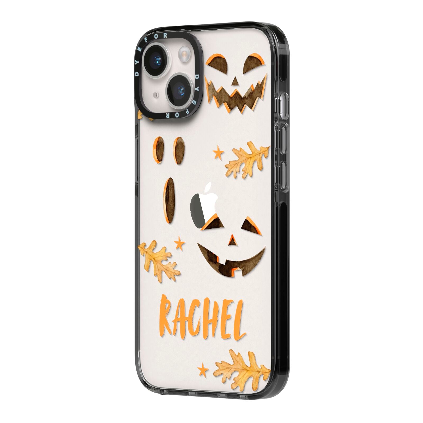Custom Halloween Pumpkin Face iPhone 14 Black Impact Case Side Angle on Silver phone