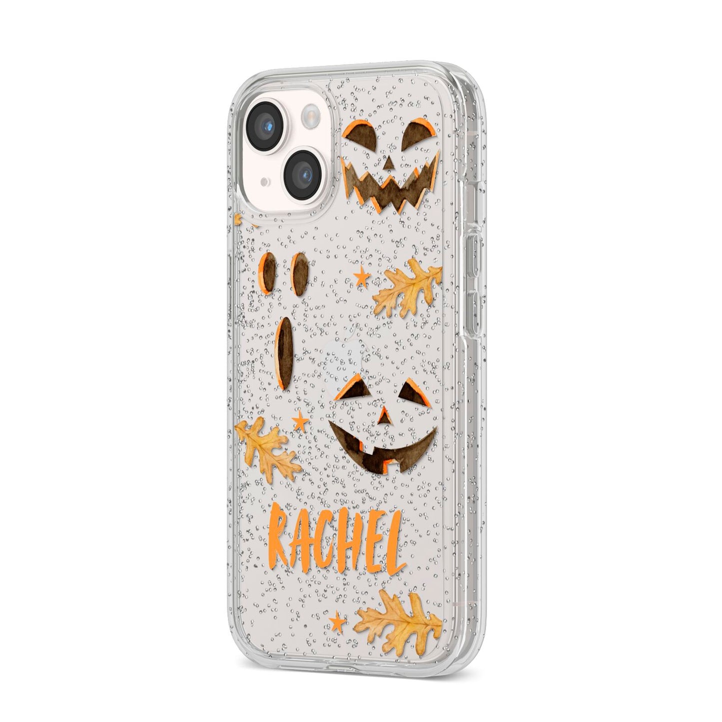 Custom Halloween Pumpkin Face iPhone 14 Glitter Tough Case Starlight Angled Image