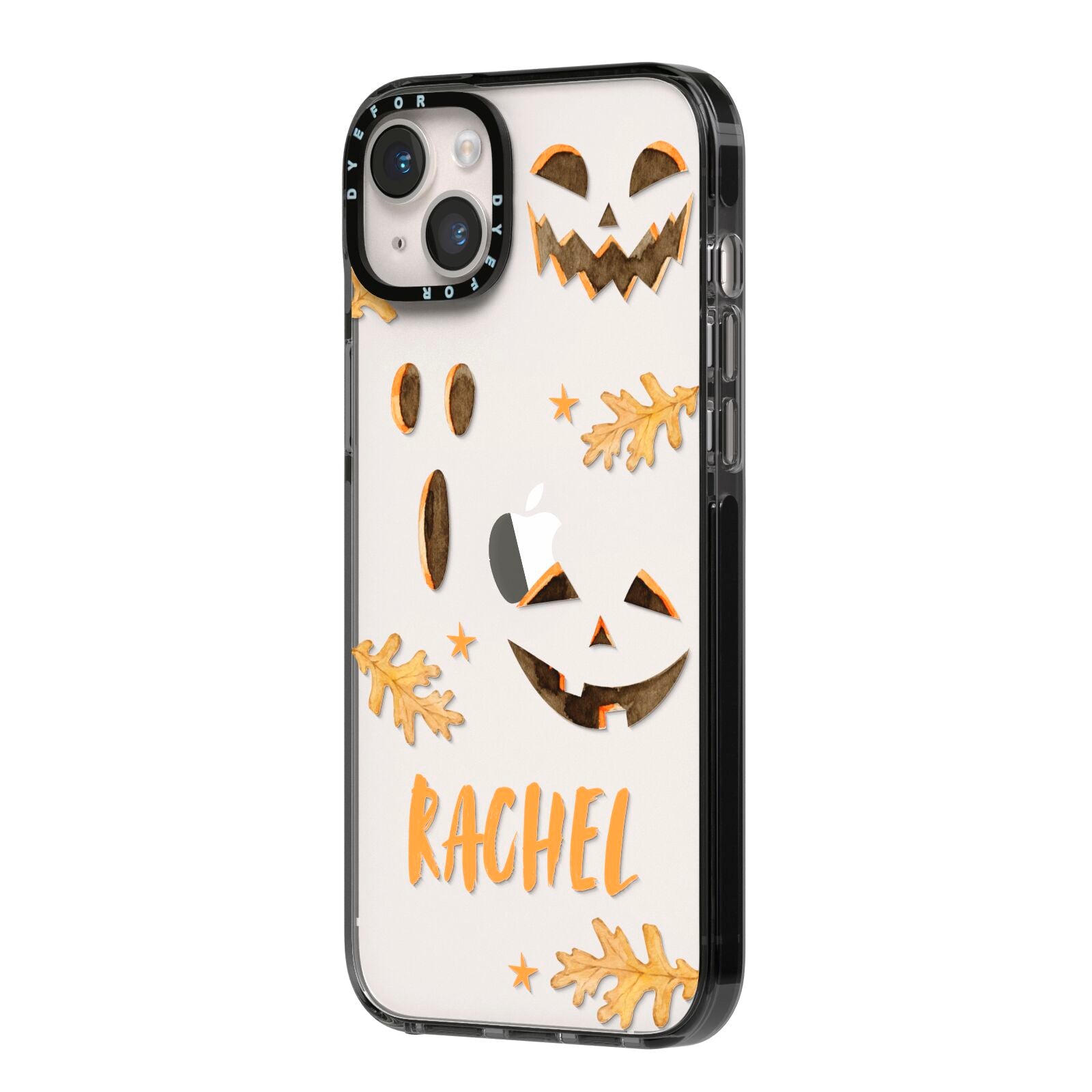 Custom Halloween Pumpkin Face iPhone 14 Plus Black Impact Case Side Angle on Silver phone
