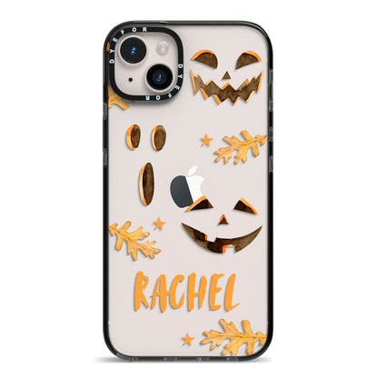 Custom Halloween Pumpkin Face iPhone 14 Plus Black Impact Case on Silver phone