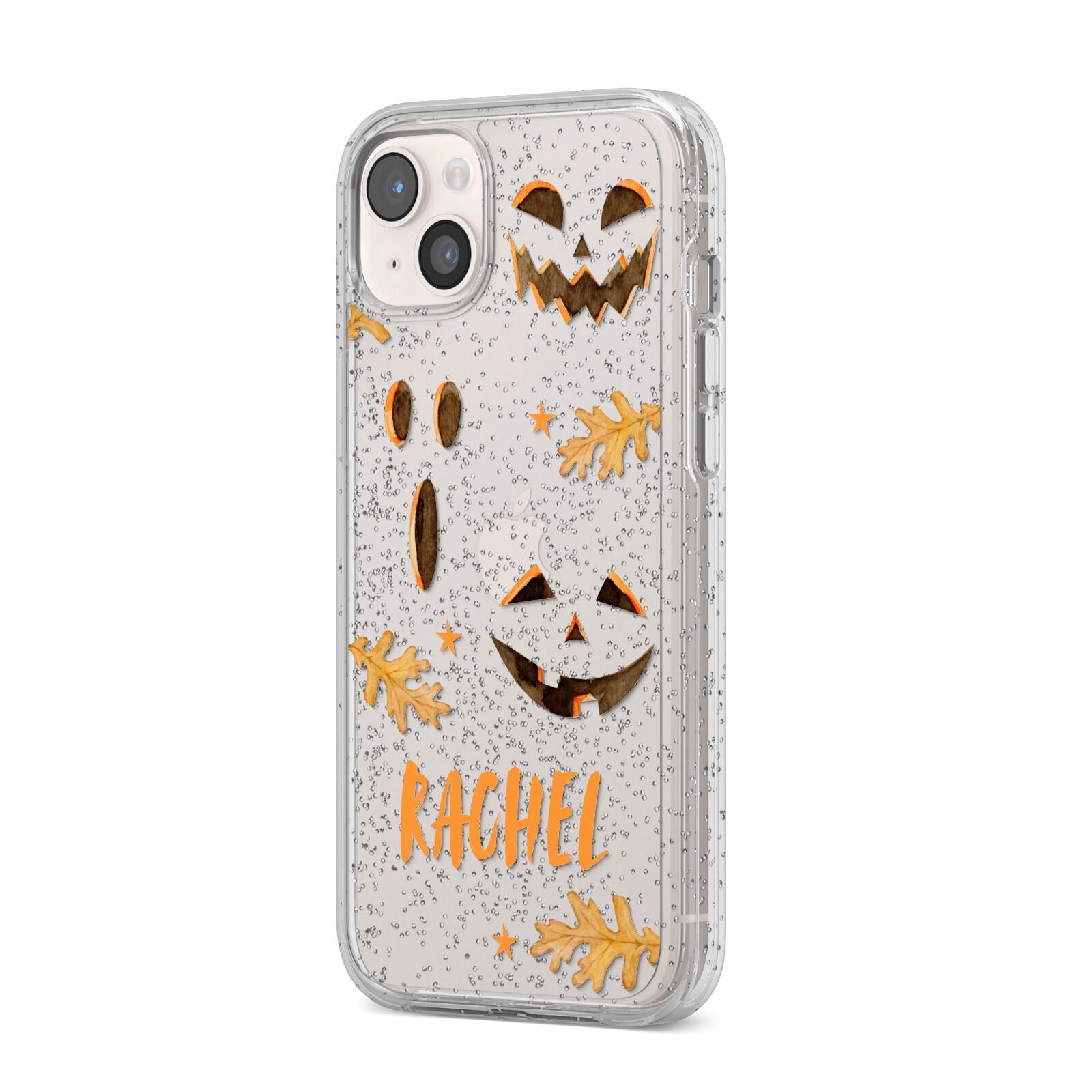 Custom Halloween Pumpkin Face iPhone 14 Plus Glitter Tough Case Starlight Angled Image