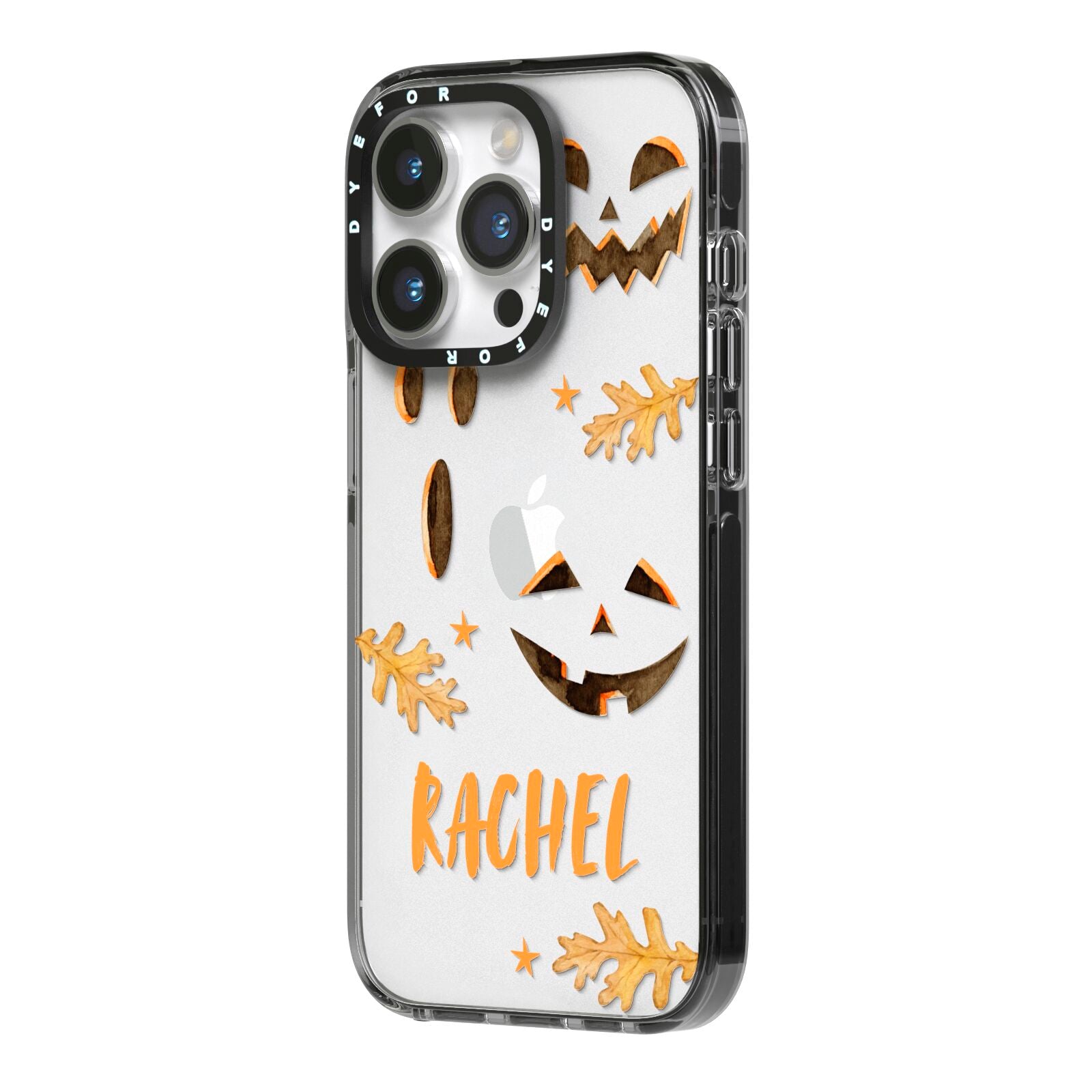 Custom Halloween Pumpkin Face iPhone 14 Pro Black Impact Case Side Angle on Silver phone