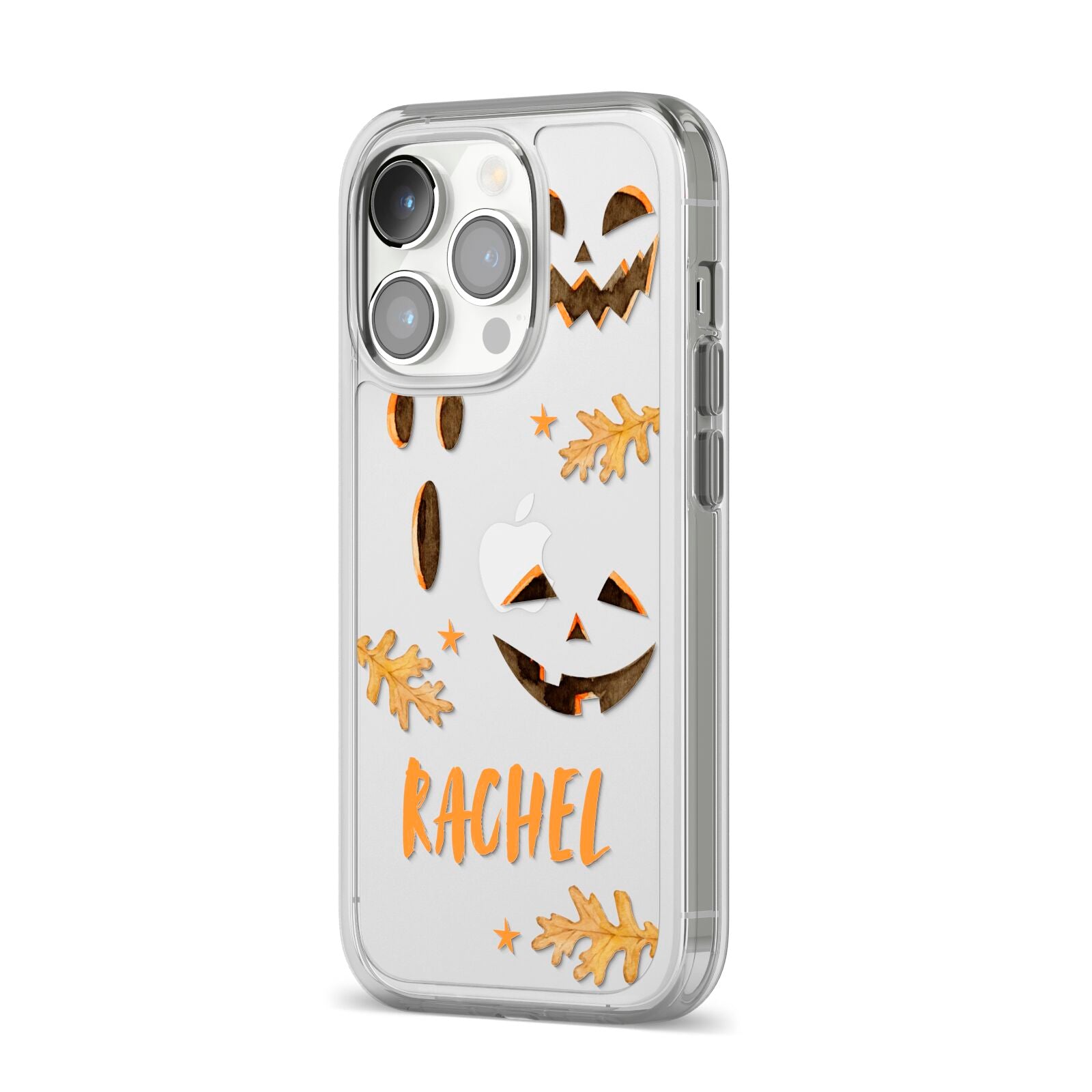 Custom Halloween Pumpkin Face iPhone 14 Pro Clear Tough Case Silver Angled Image