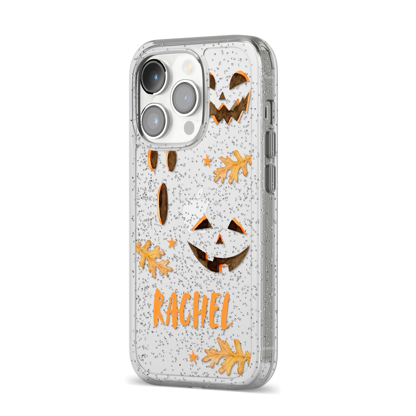 Custom Halloween Pumpkin Face iPhone 14 Pro Glitter Tough Case Silver Angled Image