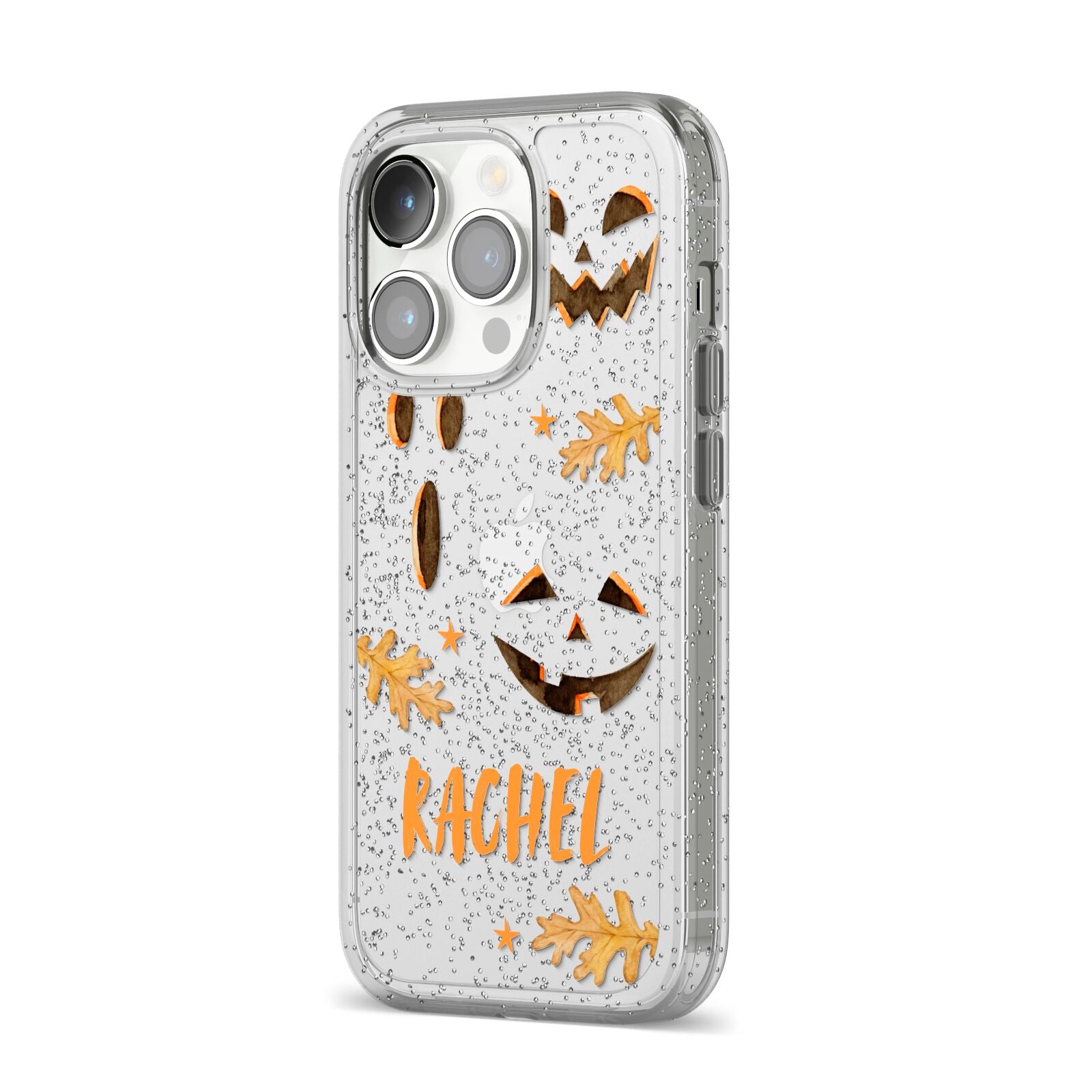 Custom Halloween Pumpkin Face iPhone 14 Pro Glitter Tough Case Silver Angled Image