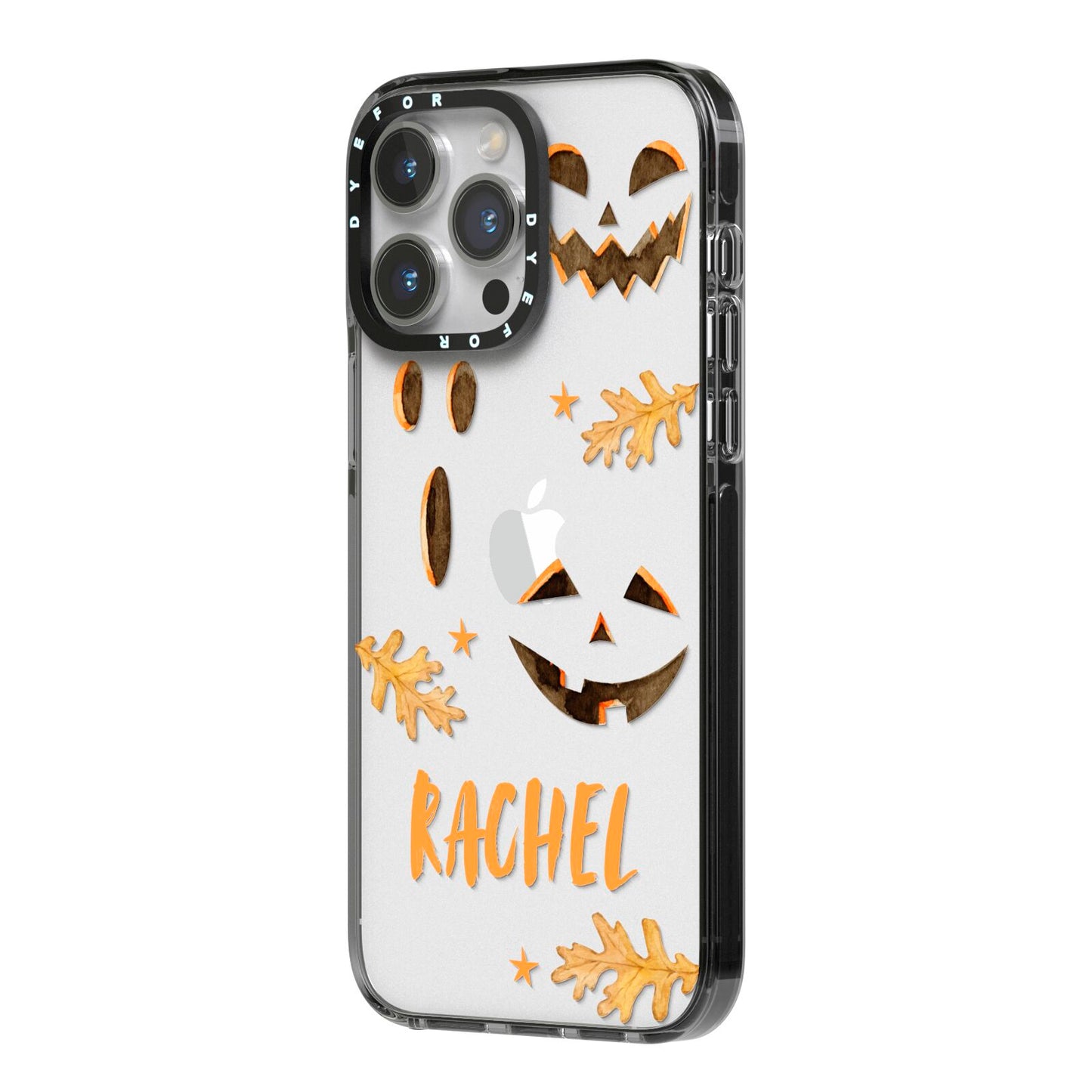 Custom Halloween Pumpkin Face iPhone 14 Pro Max Black Impact Case Side Angle on Silver phone