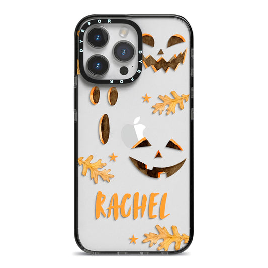 Custom Halloween Pumpkin Face iPhone 14 Pro Max Black Impact Case on Silver phone