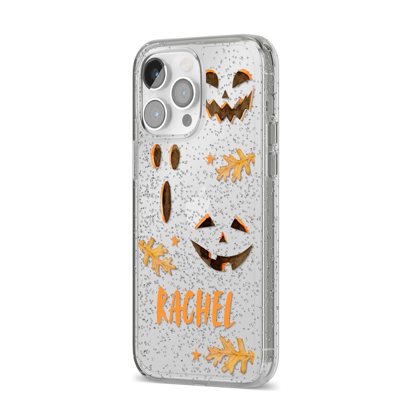Custom Halloween Pumpkin Face iPhone 14 Pro Max Glitter Tough Case Silver Angled Image