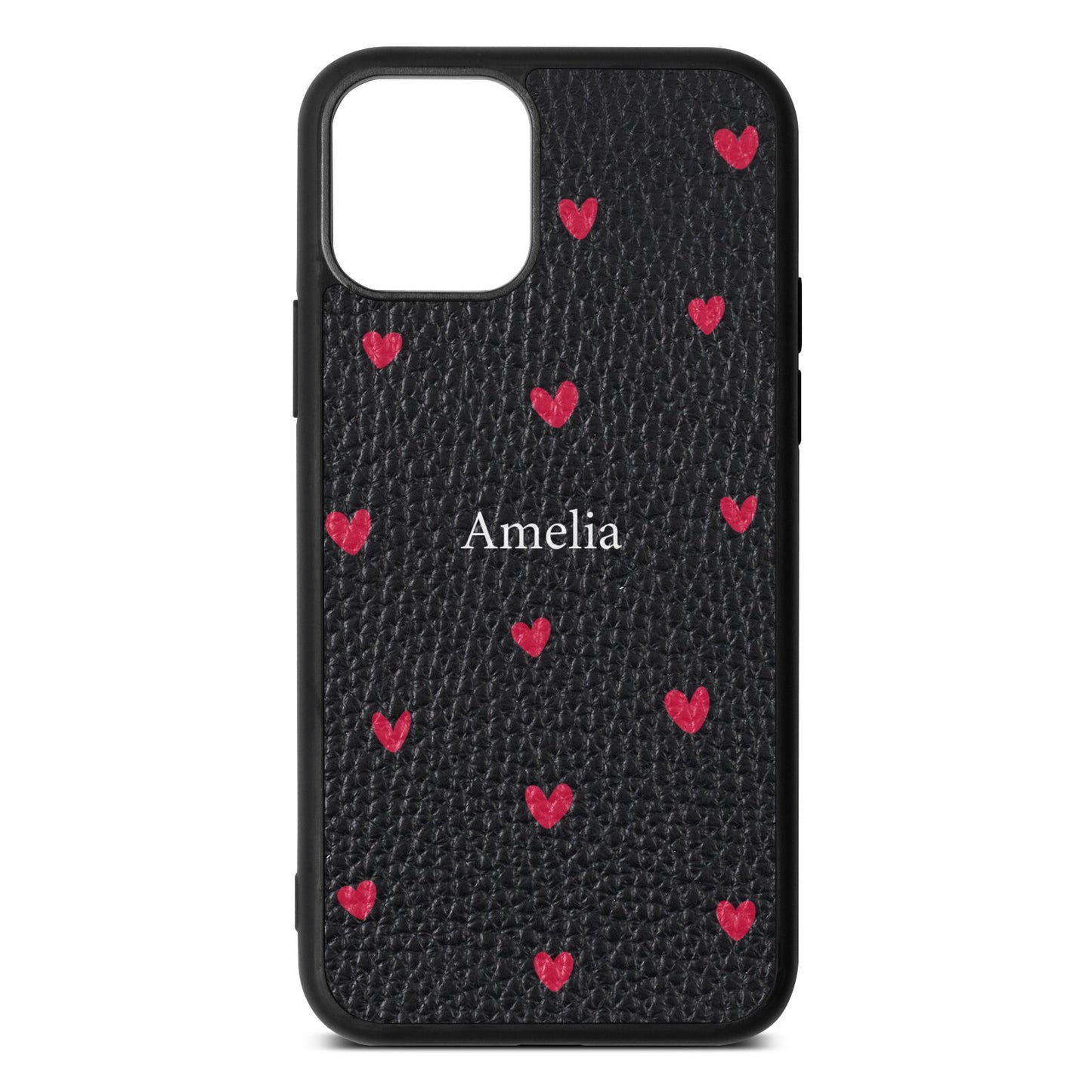Custom Hearts Name Black Pebble Leather iPhone 11 Case