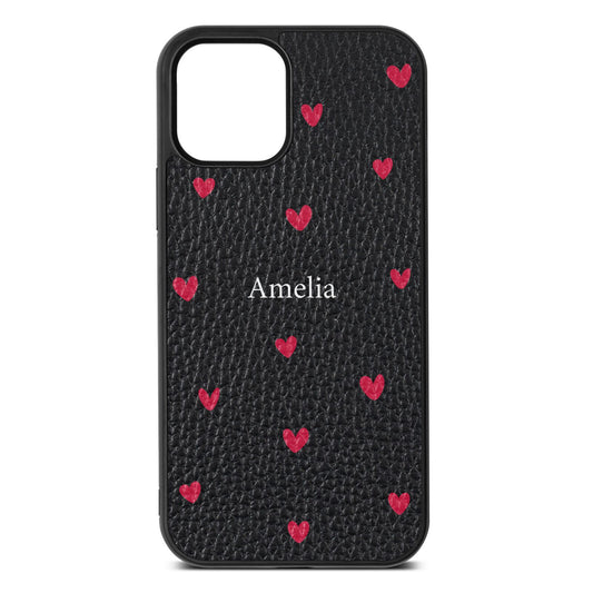 Custom Hearts Name Black Pebble Leather iPhone 12 Case