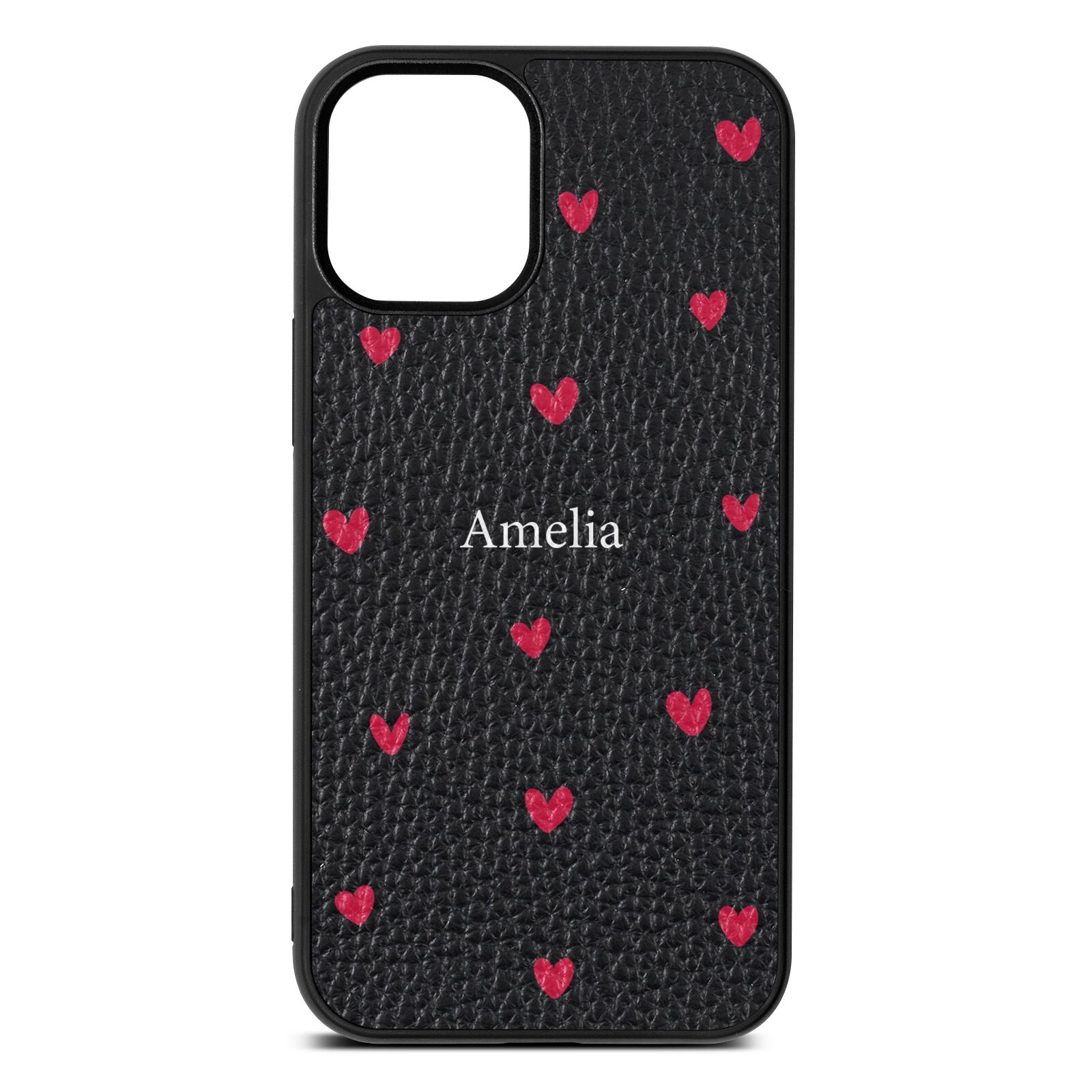 Custom Hearts Name Black Pebble Leather iPhone 12 Mini Case