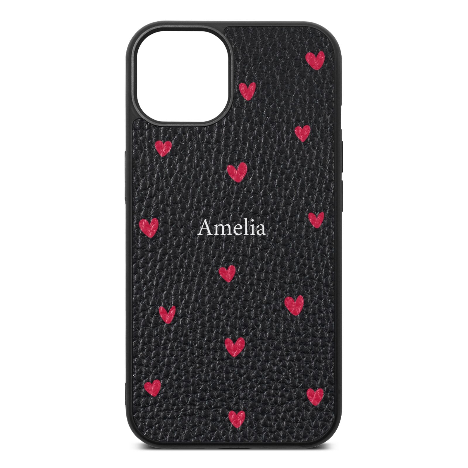 Custom Hearts Name Black Pebble Leather iPhone 13 Case