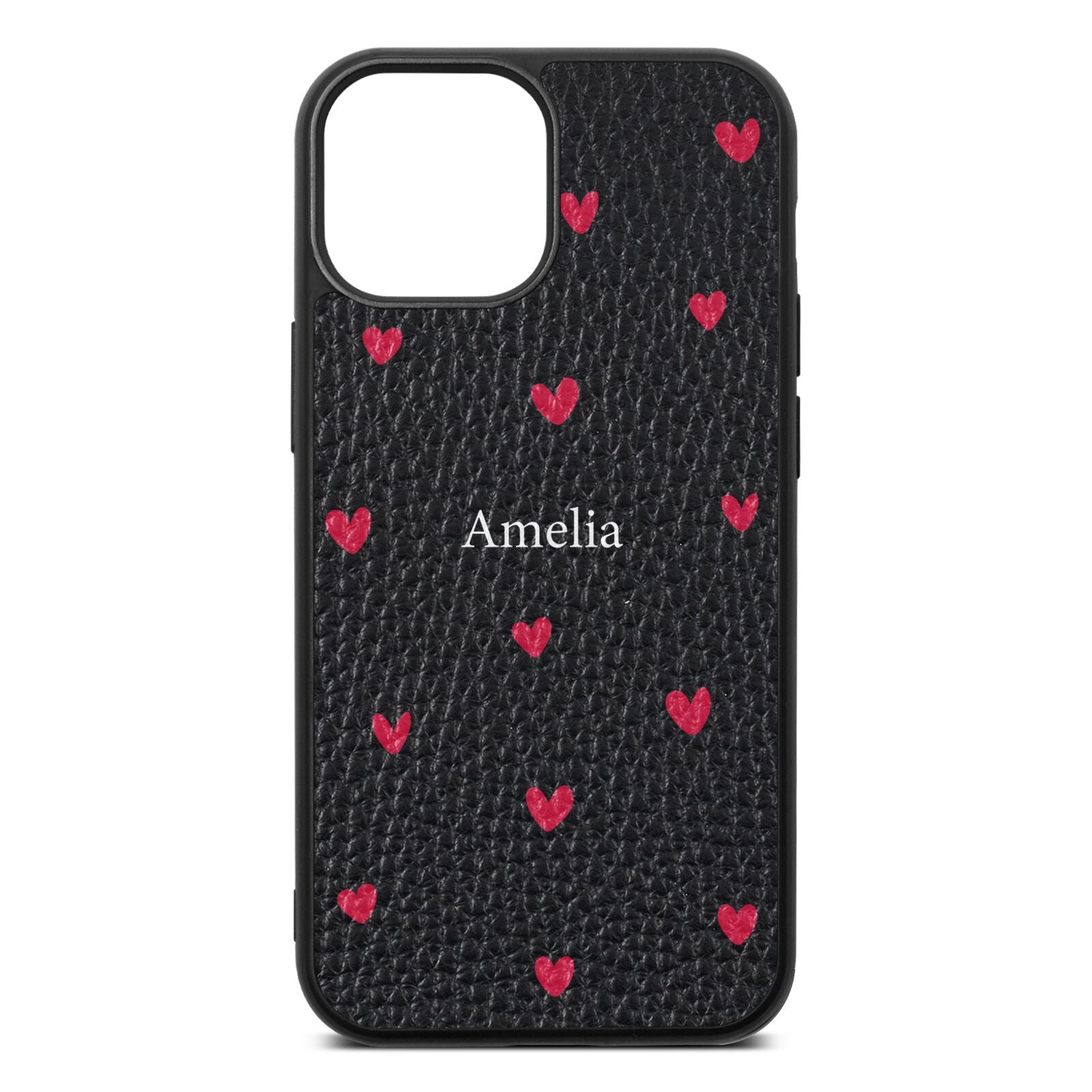 Custom Hearts Name Black Pebble Leather iPhone 13 Mini Case