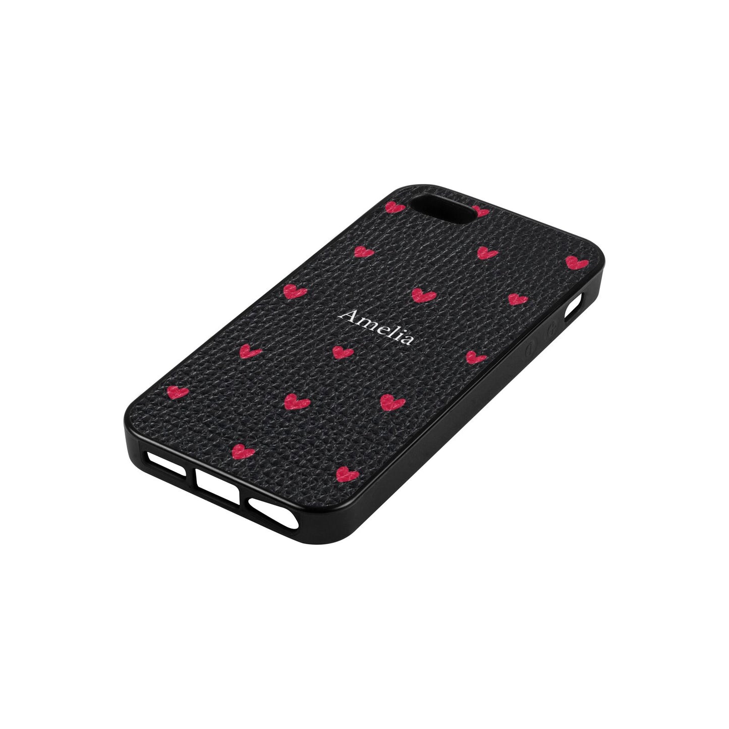 Custom Hearts Name Black Pebble Leather iPhone 5 Case Side Angle