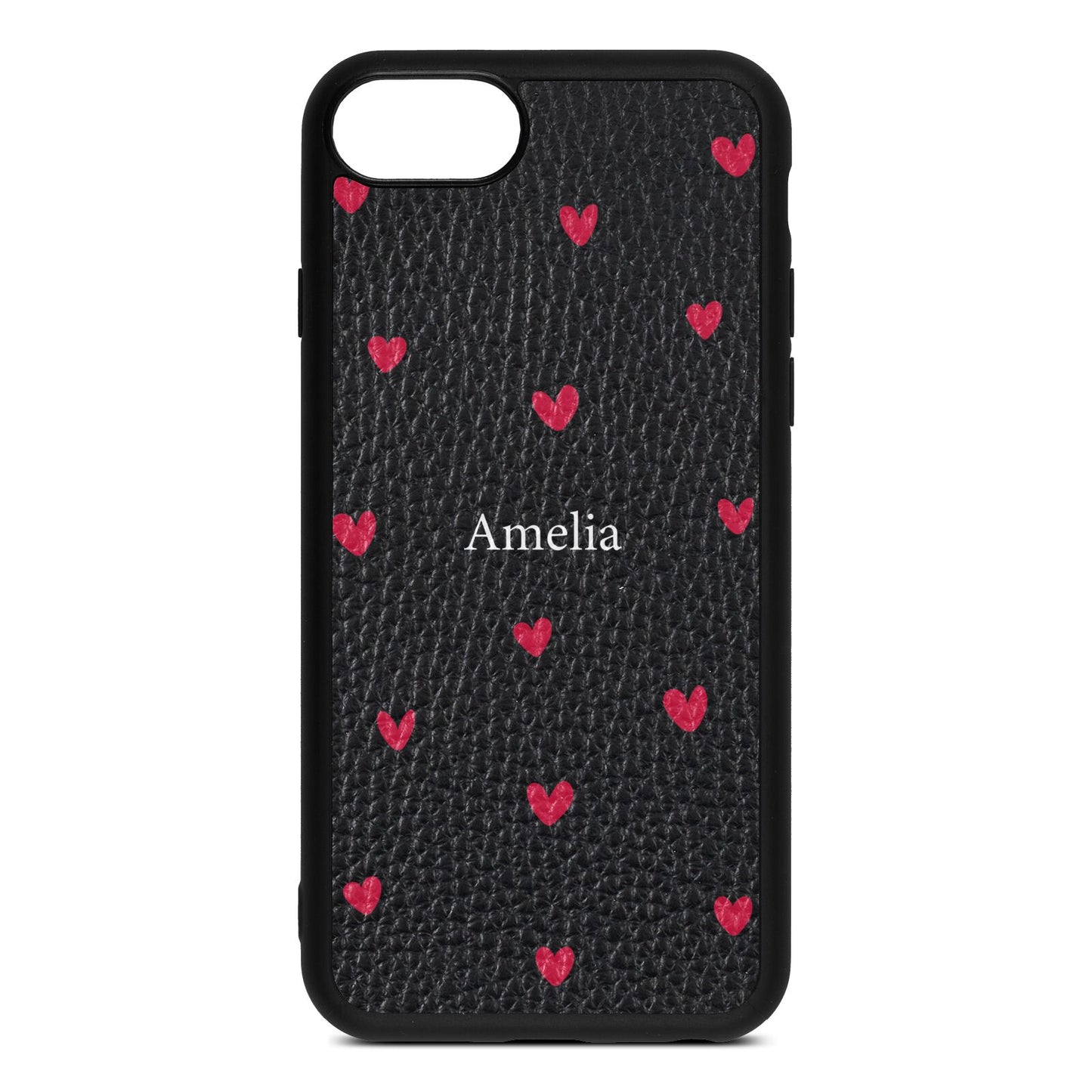 Custom Hearts Name Black Pebble Leather iPhone 8 Case