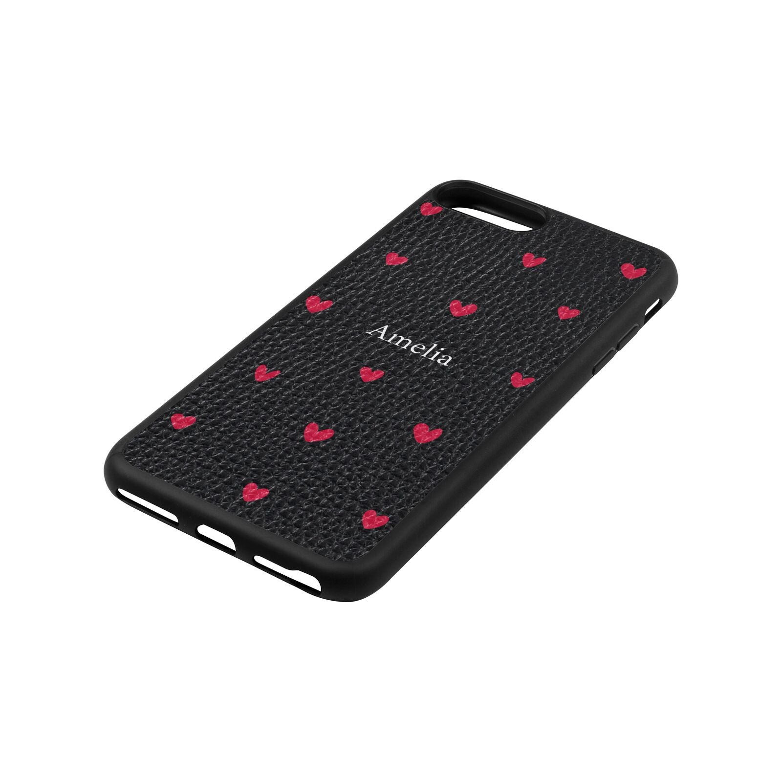 Custom Hearts Name Black Pebble Leather iPhone 8 Plus Case Side Angle