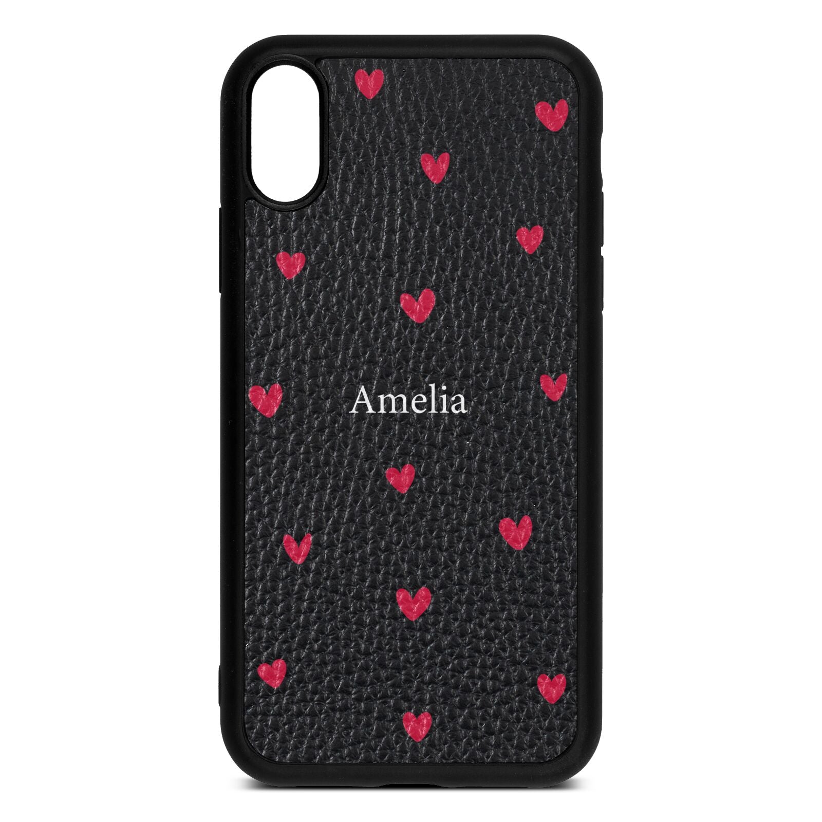 Custom Hearts Name Black Pebble Leather iPhone Xr Case