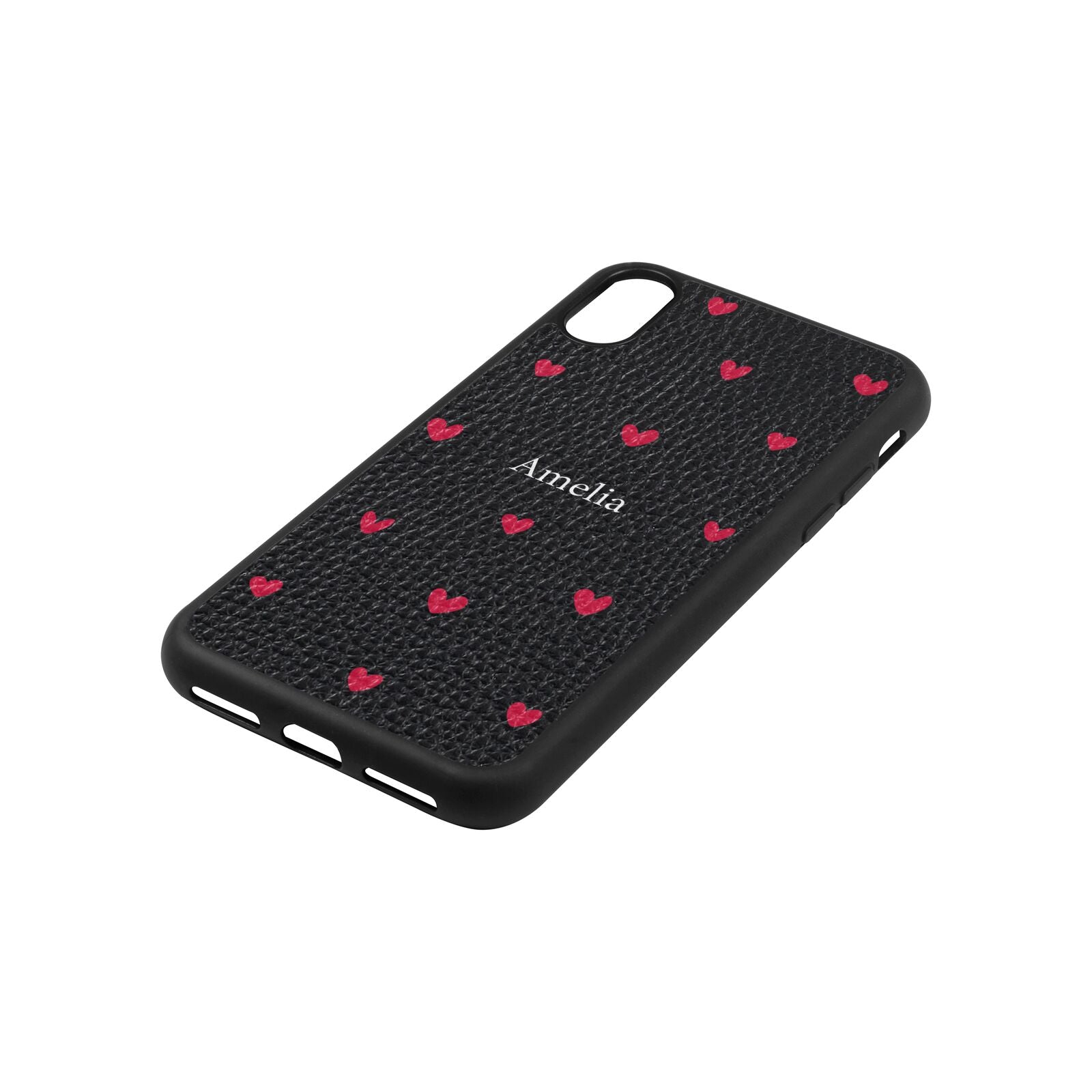 Custom Hearts Name Black Pebble Leather iPhone Xs Case Side Angle