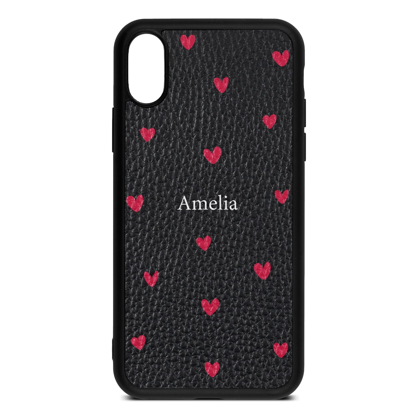 Custom Hearts Name Black Pebble Leather iPhone Xs Case