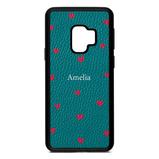 Custom Hearts Name Green Pebble Leather Samsung S9 Case