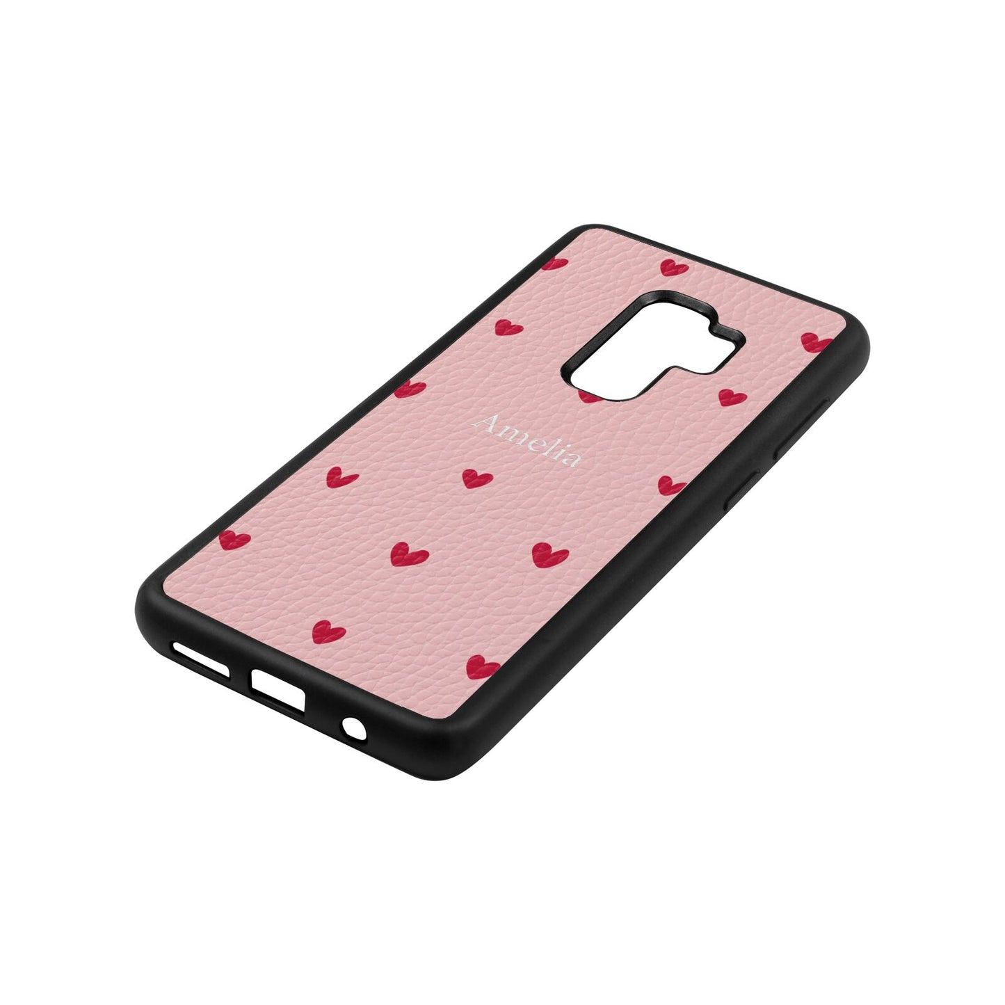 Custom Hearts Name Pink Pebble Leather Samsung S9 Plus Case Side Angle