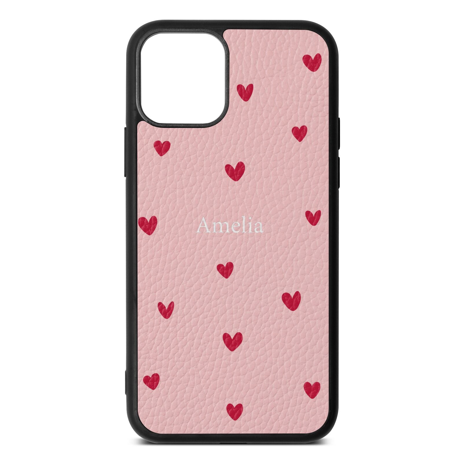 Custom Hearts Name Pink Pebble Leather iPhone 11 Case