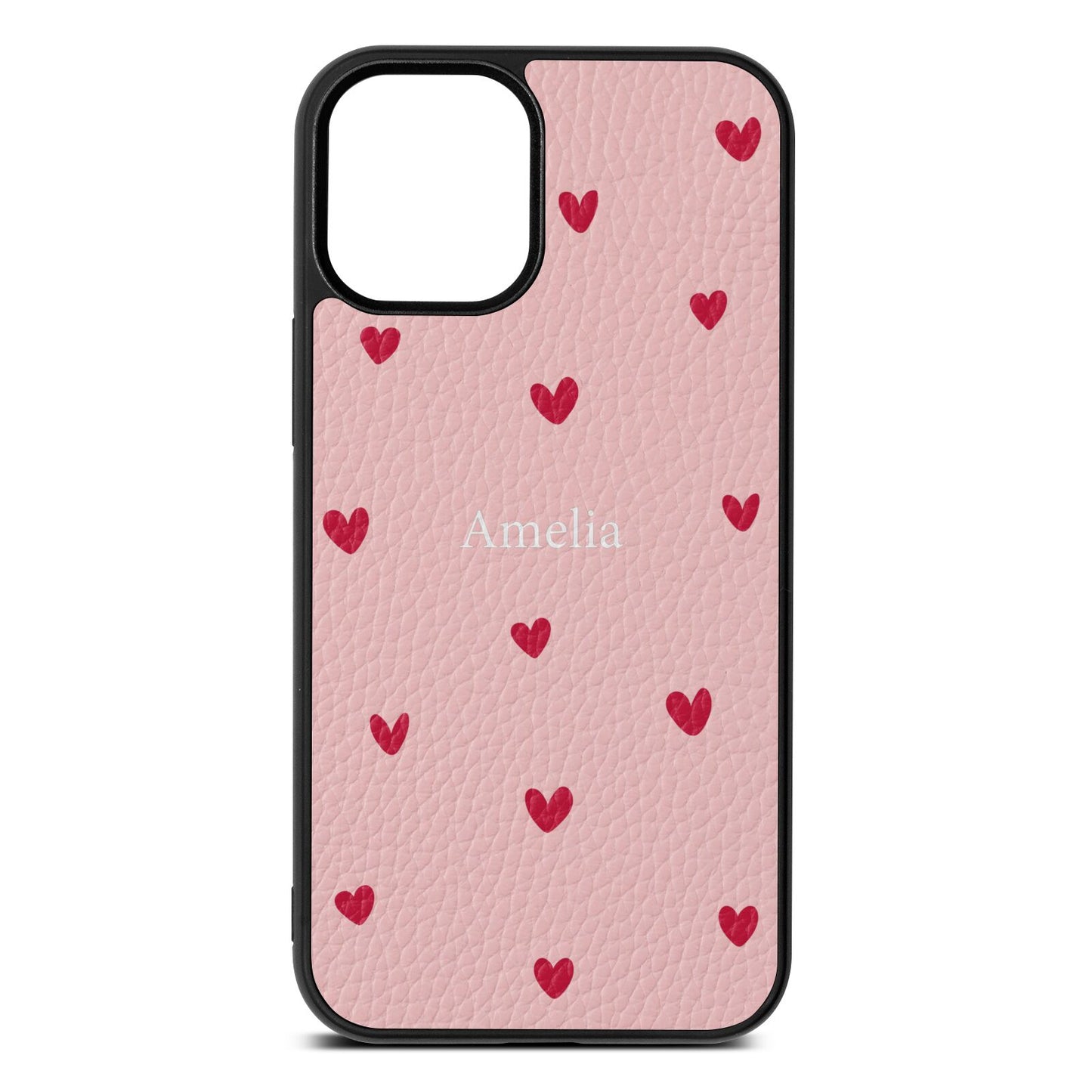 Custom Hearts Name Pink Pebble Leather iPhone 12 Mini Case