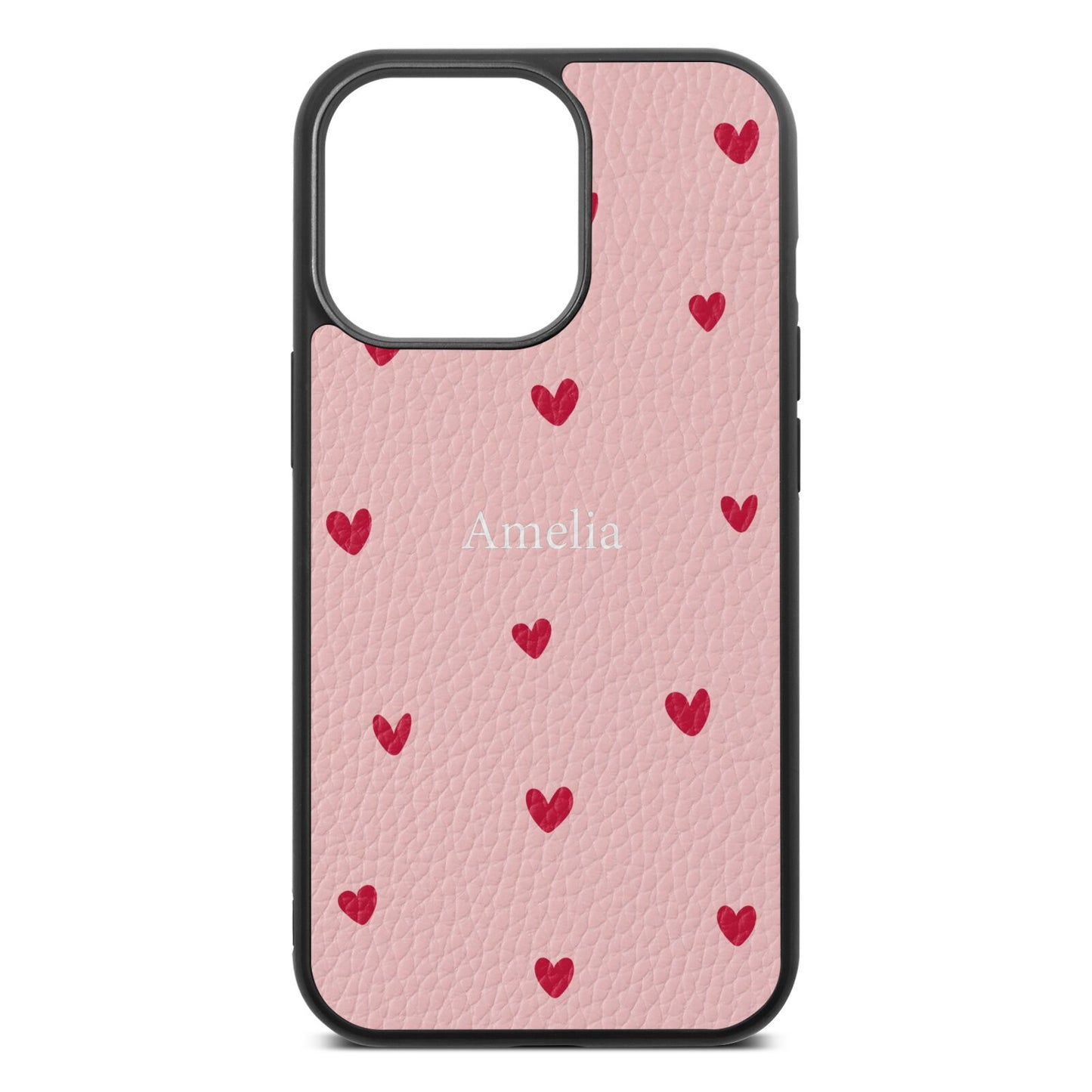 Custom Hearts Name Pink Pebble Leather iPhone 13 Pro Case