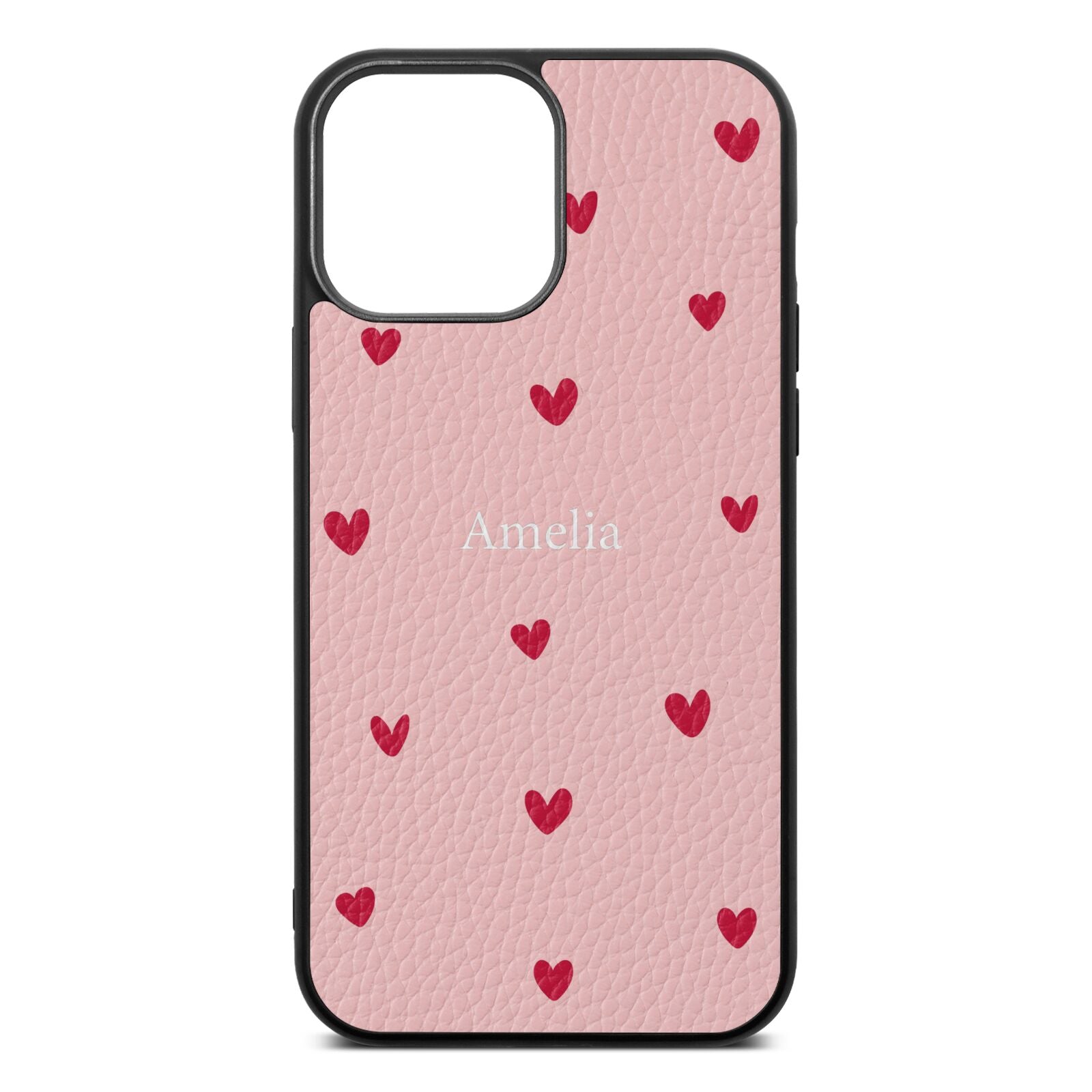Custom Hearts Name Pink Pebble Leather iPhone 13 Pro Max Case