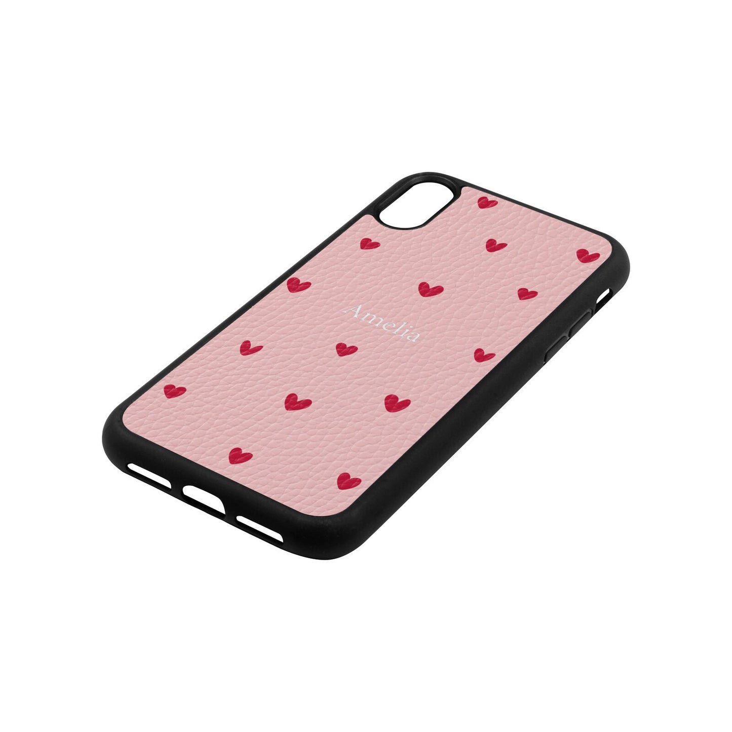 Custom Hearts Name Pink Pebble Leather iPhone Xr Case Side Angle