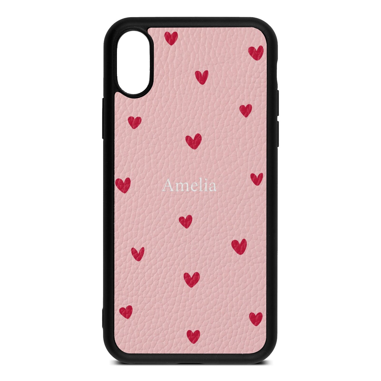 Custom Hearts Name Pink Pebble Leather iPhone Xs Case