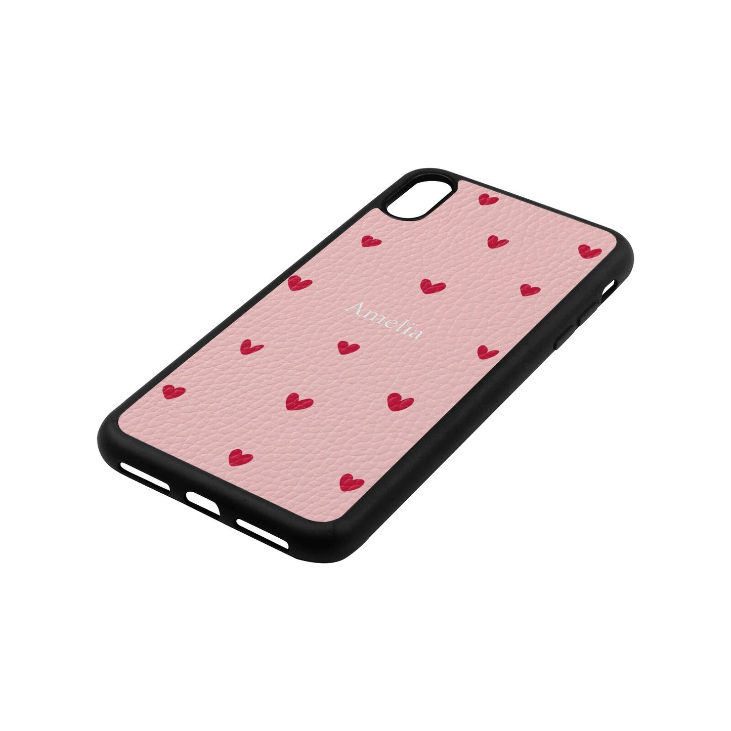 Custom Hearts Name Pink Pebble Leather iPhone Xs Max Case Side Angle