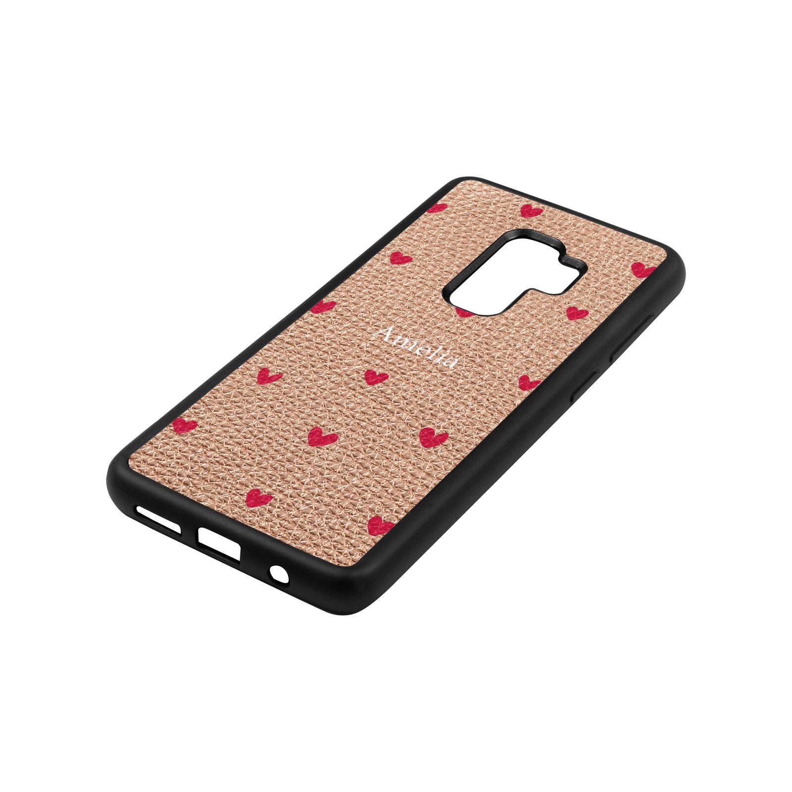 Custom Hearts Name Rose Gold Pebble Leather Samsung S9 Plus Case Side Angle