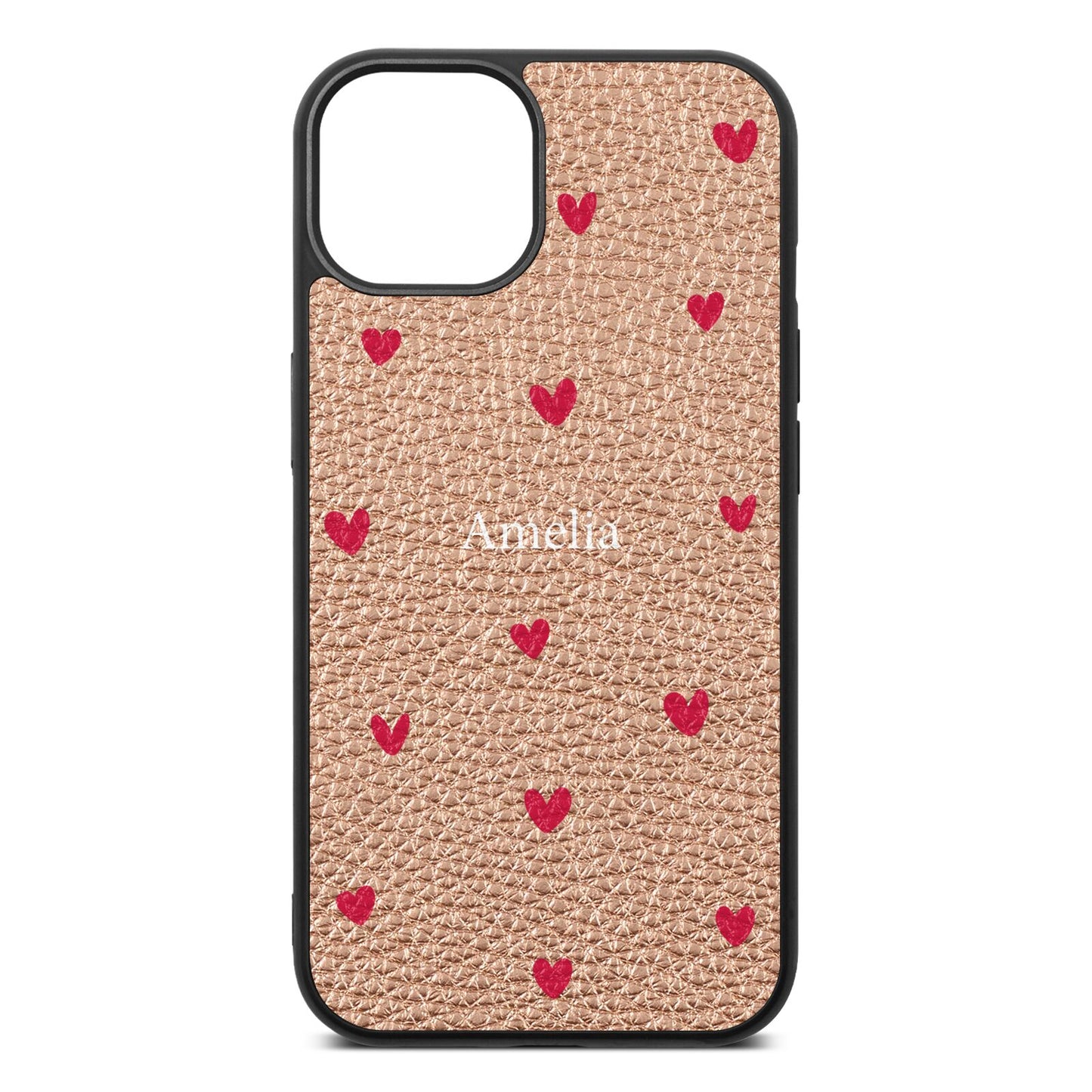 Custom Hearts Name Rose Gold Pebble Leather iPhone 13 Case