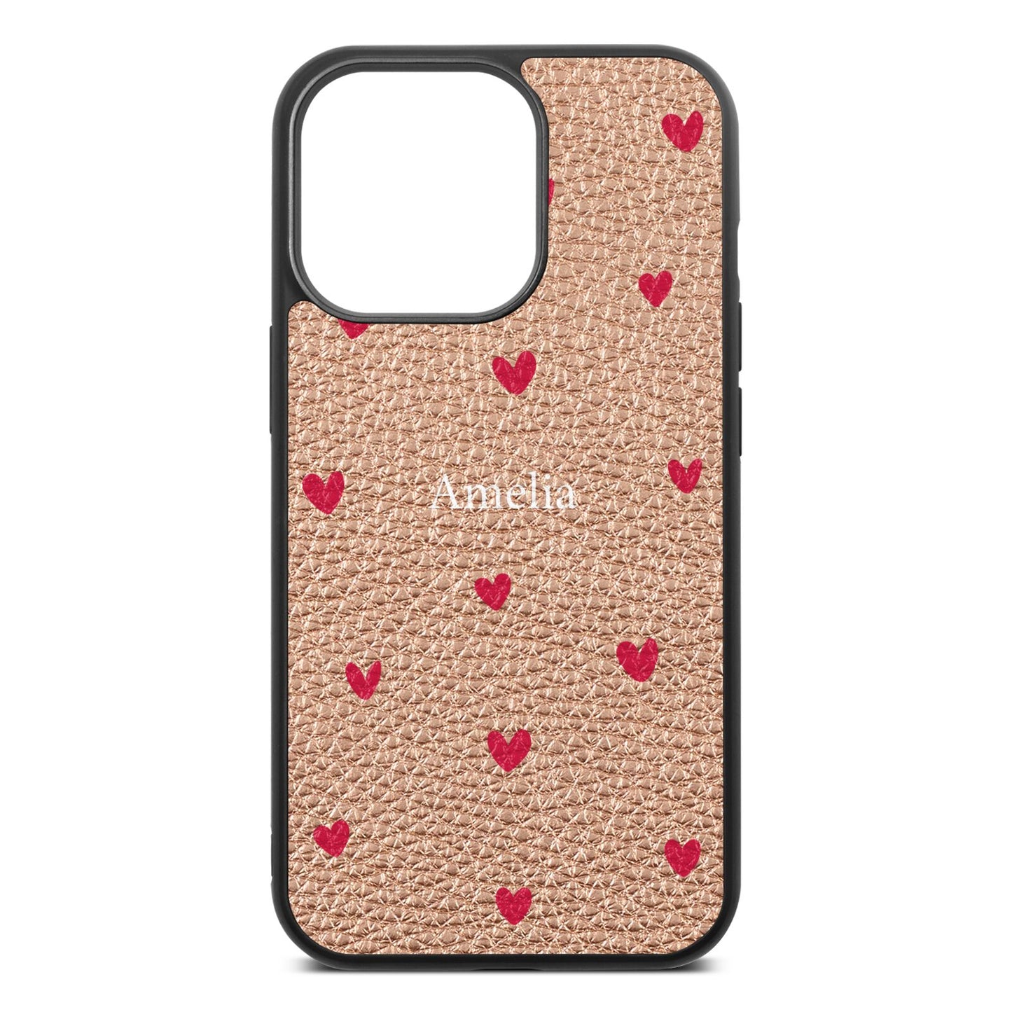 Custom Hearts Name Rose Gold Pebble Leather iPhone 13 Pro Case