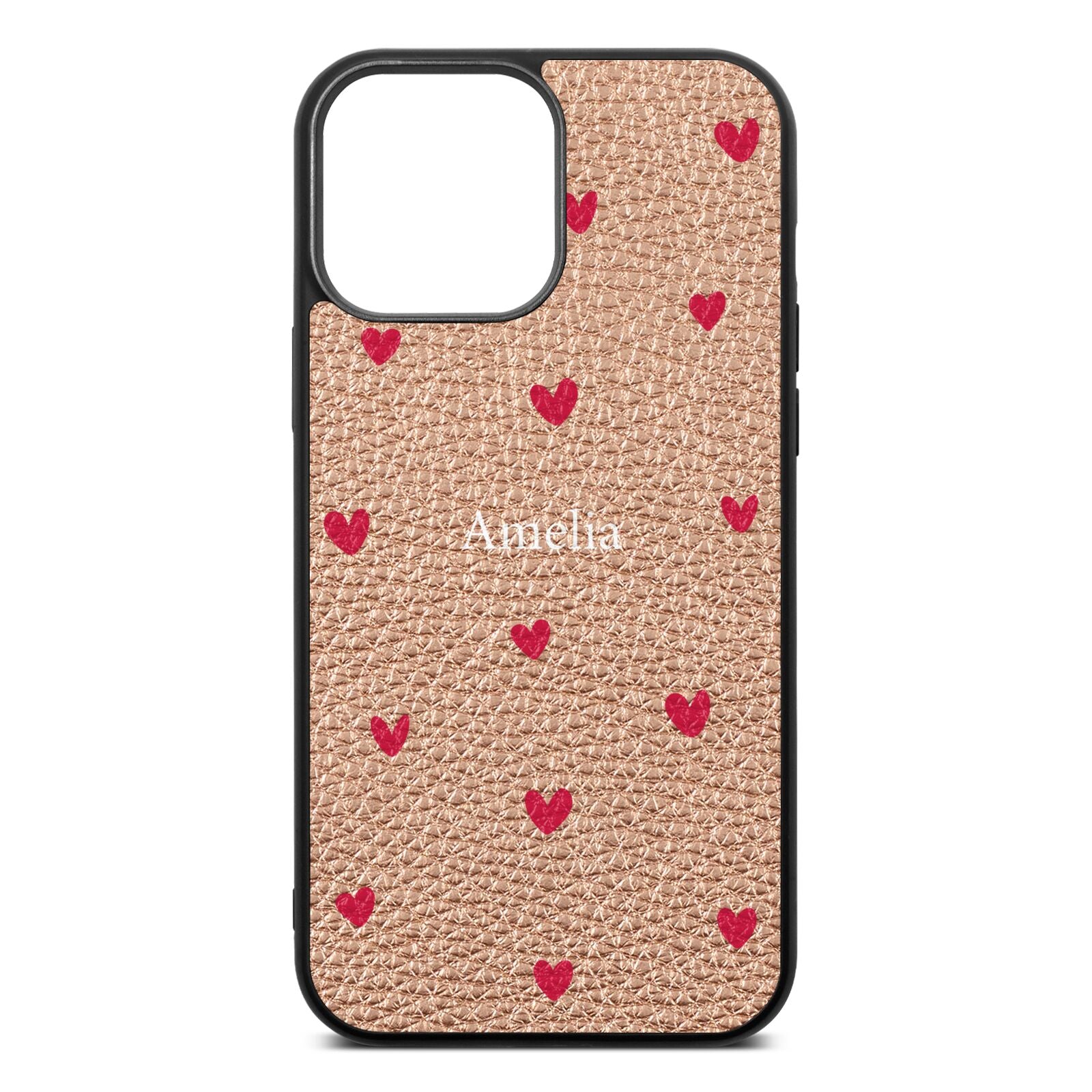 Custom Hearts Name Rose Gold Pebble Leather iPhone 13 Pro Max Case